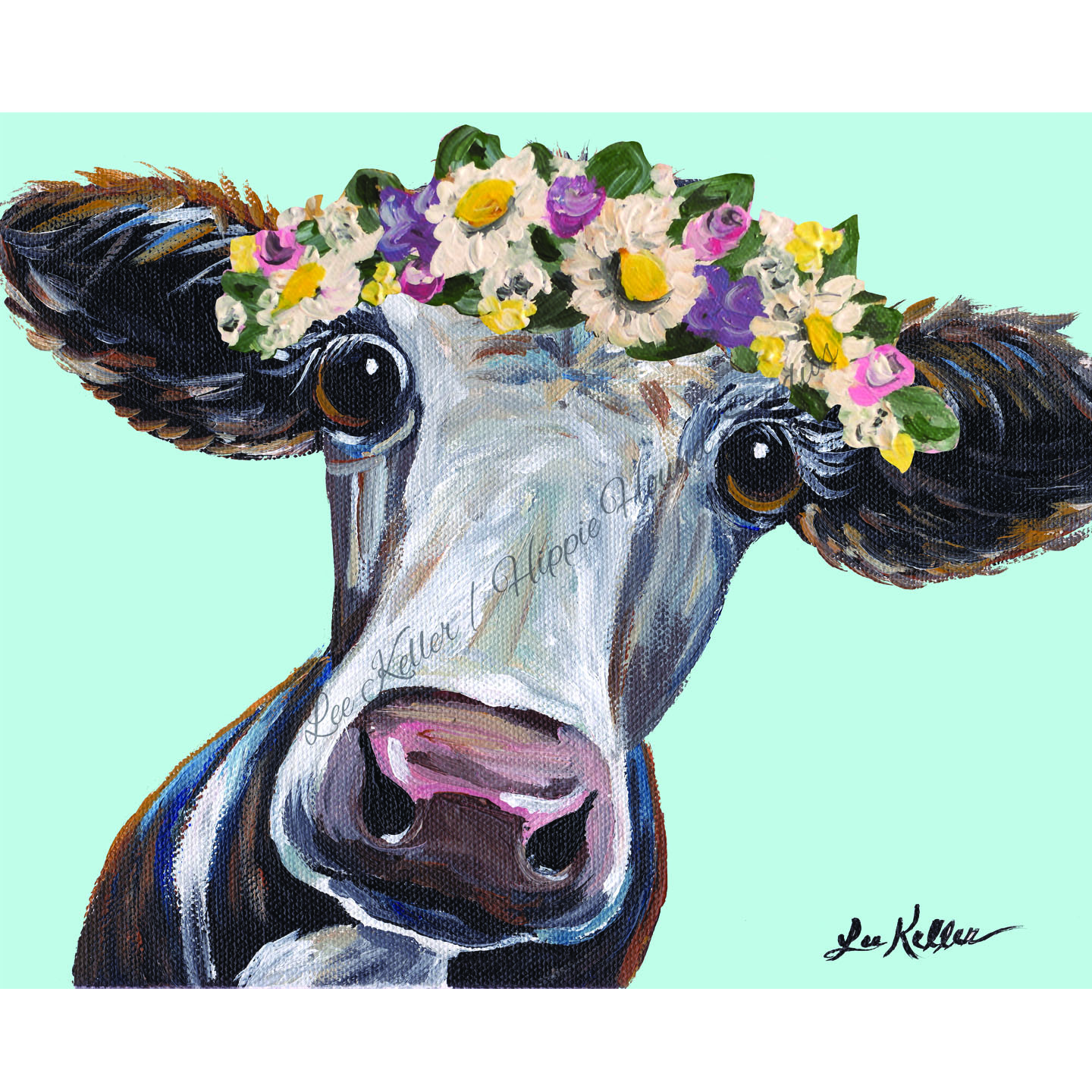 Cow Print Cora With Flower Crown Choice Of Background Colors