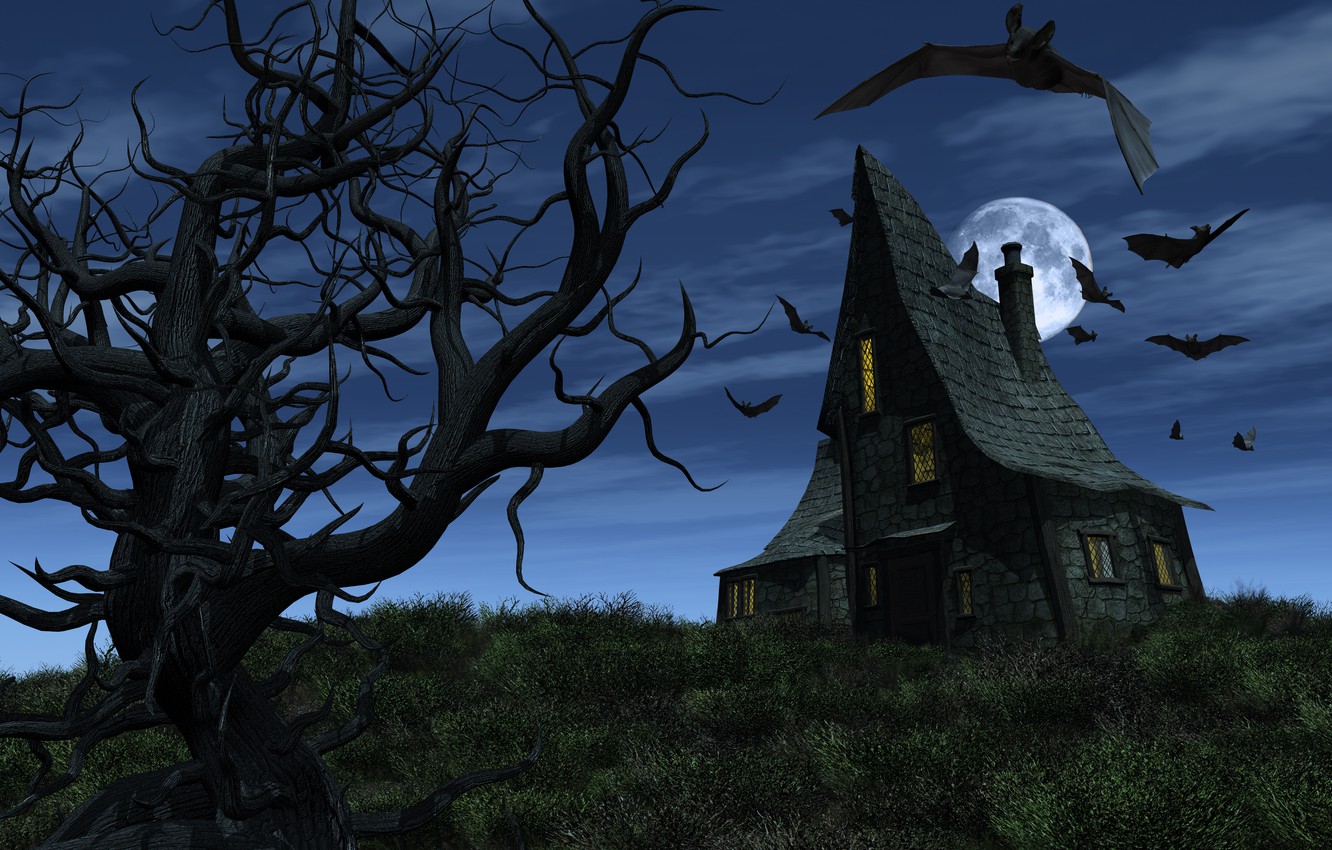 Wallpaper Halloween Scary Bats Full Moon