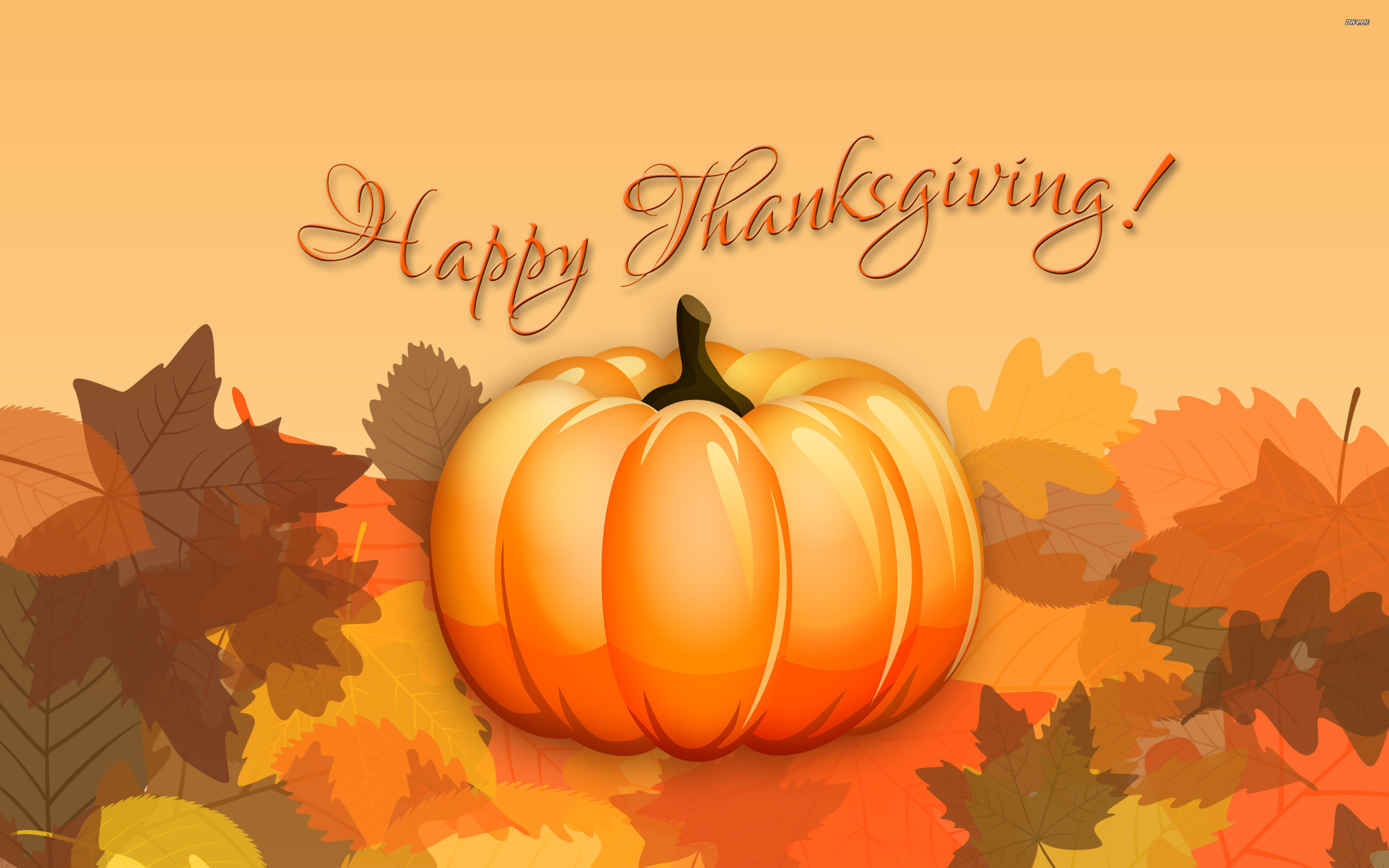 Happy Thanksgiving greeting card with a pumpkin against a backdrop of fall leaves