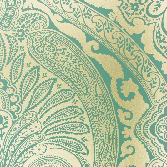  damask wallpaper printed in a reflective gold on a teal background