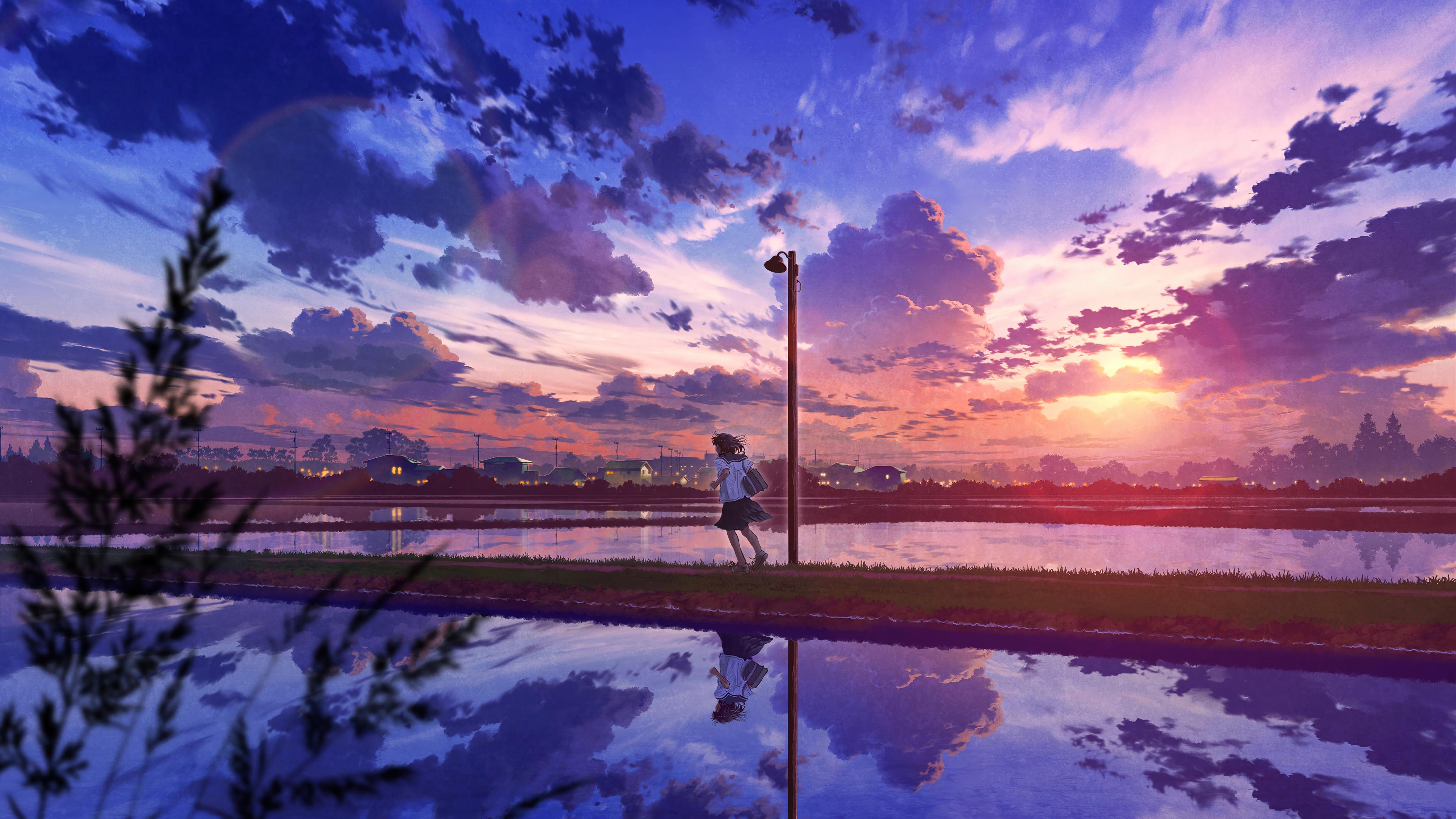 Anime Girl Student Sunrise Scenery Art 4K Phone iPhone Wallpaper