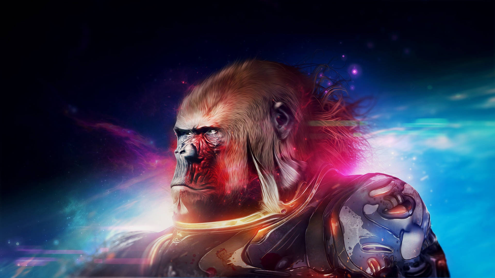 A powerful gorilla in futuristic armor, set against a vibrant cosmic backdrop. This digital art piece evokes strength, technology, and the unknown