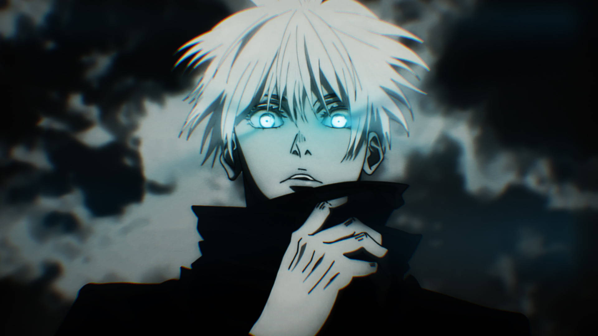 Gojo Satoru from Jujutsu Kaisen with glowing blue eyes, a stylish pose, and a dark, cloudy background