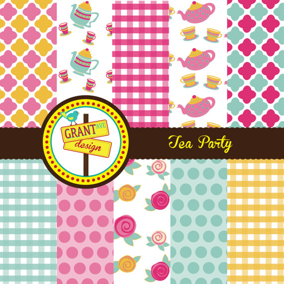 Tea Party Digital Papers Background For Invitations Card Design