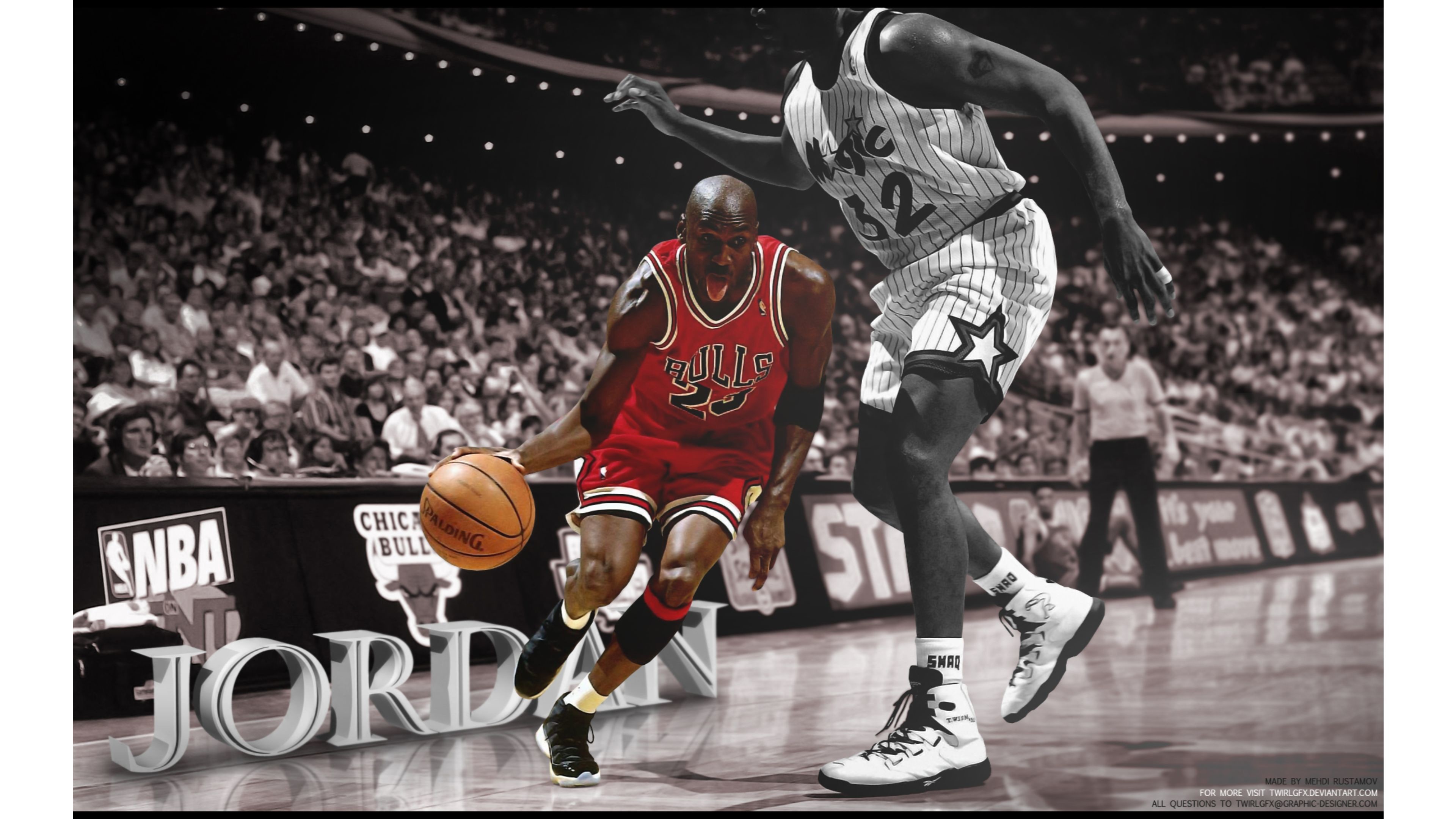 Michael Jordan dribbling past a defender in a black and white image with color accents