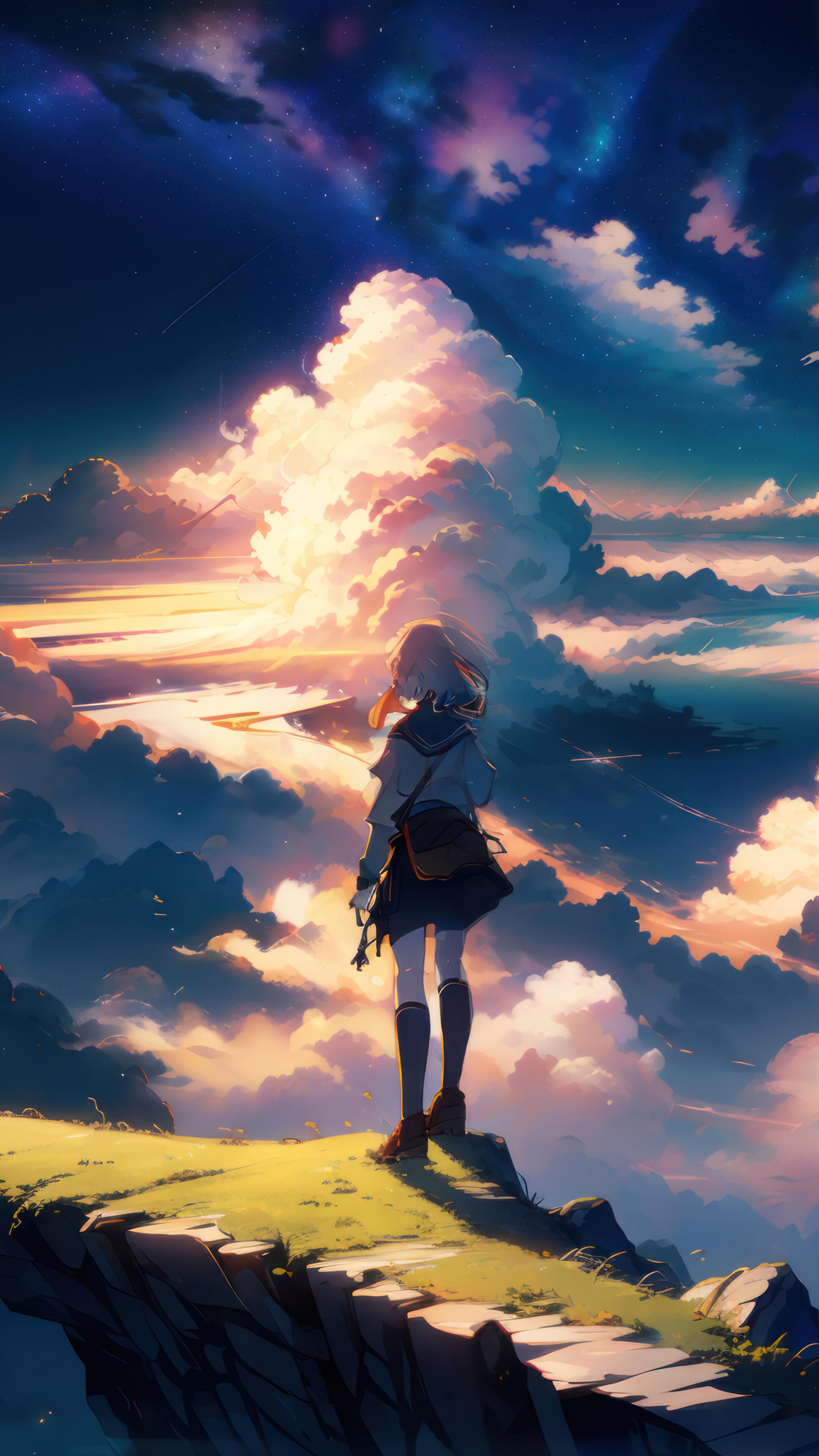 Anime Girl Alone Clouds Sky Scenery Art 4k Wallpaper iPhone HD