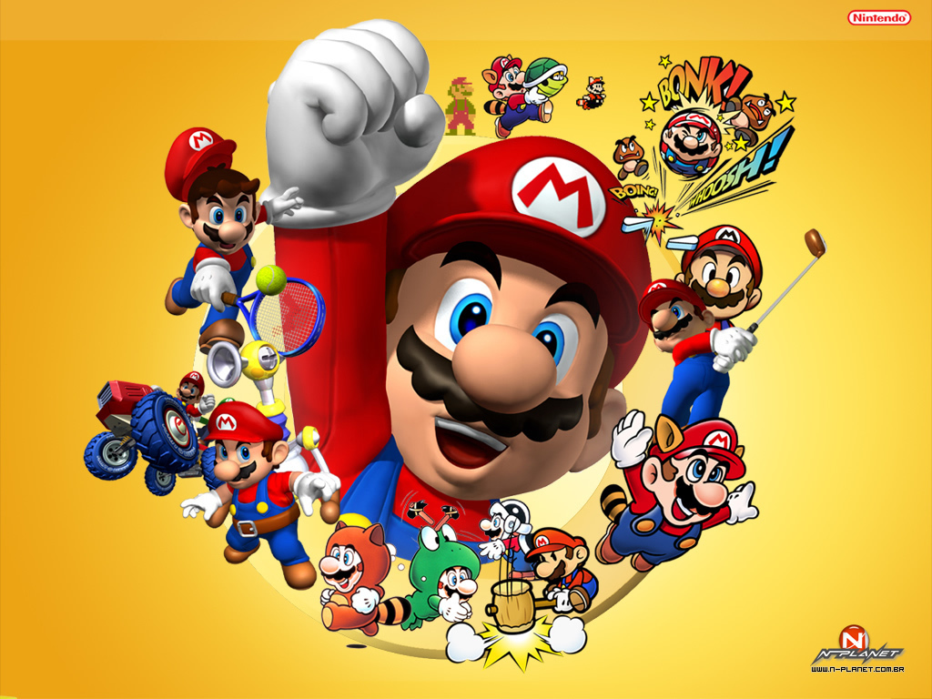 A collage of Super Mario characters in various poses and activities, celebrating the Super Mario franchise