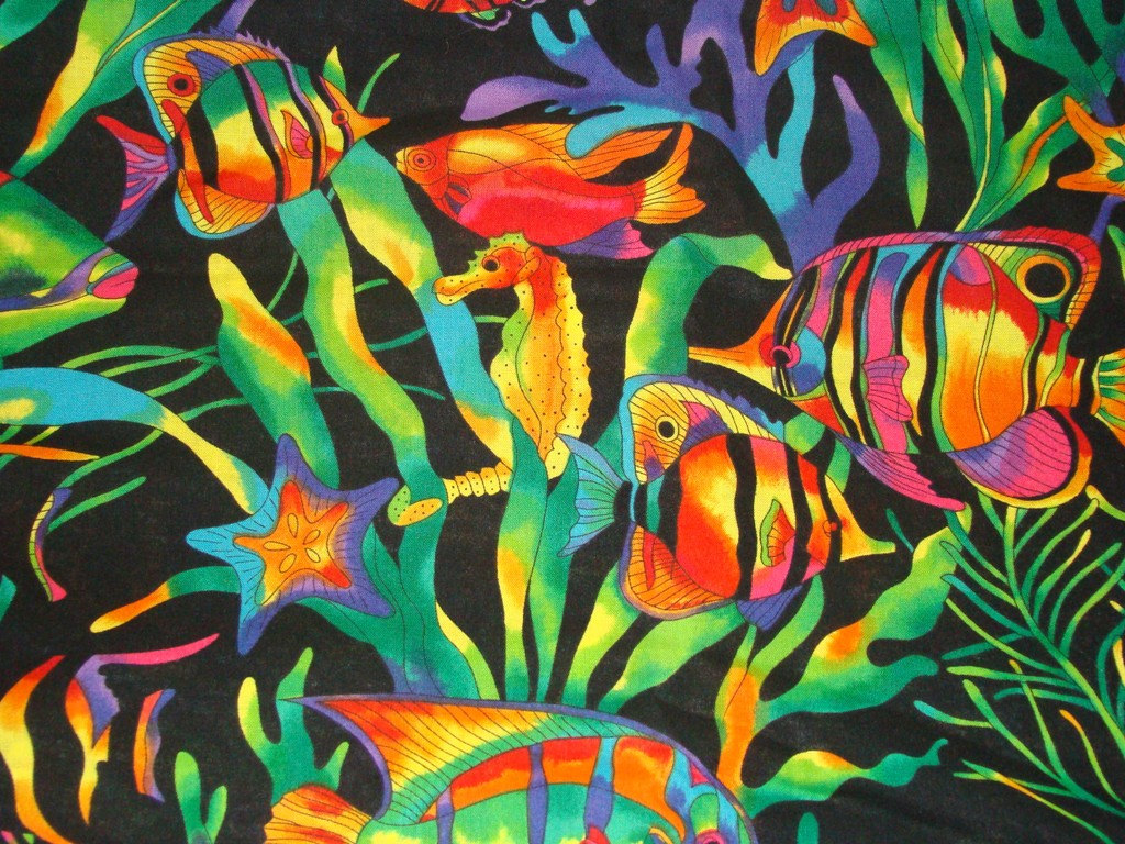 90s Funky Psychedelic Rainbow Fish Cotton Fabric By Fabricfaerie