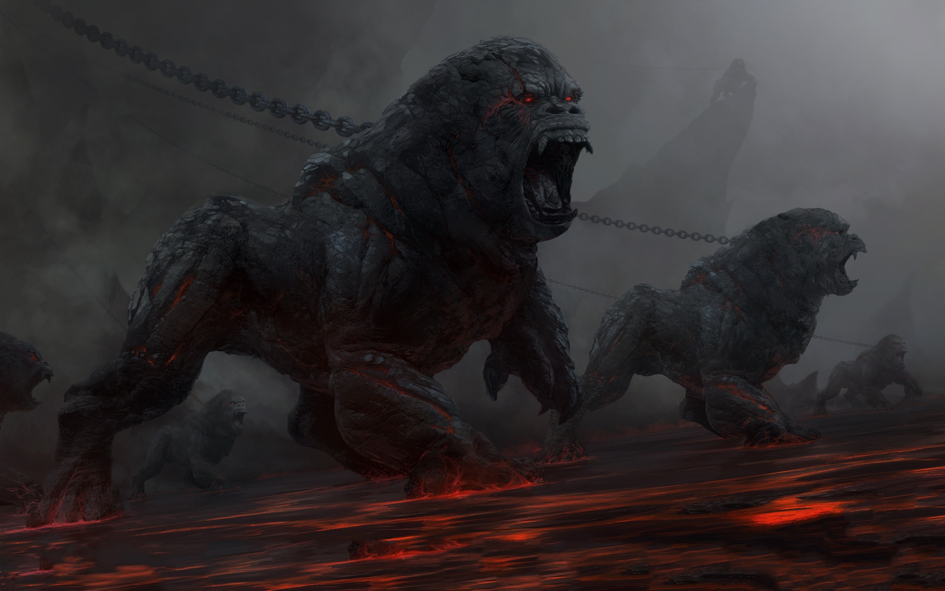 Fantasy Art Dark Horror Evil Demons Gorilla Animals Fire