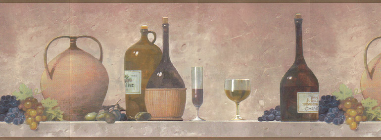  SHELF BOTTLE of WINE GLASS FRUITS GRAPES Wallpaper Border RHB52016