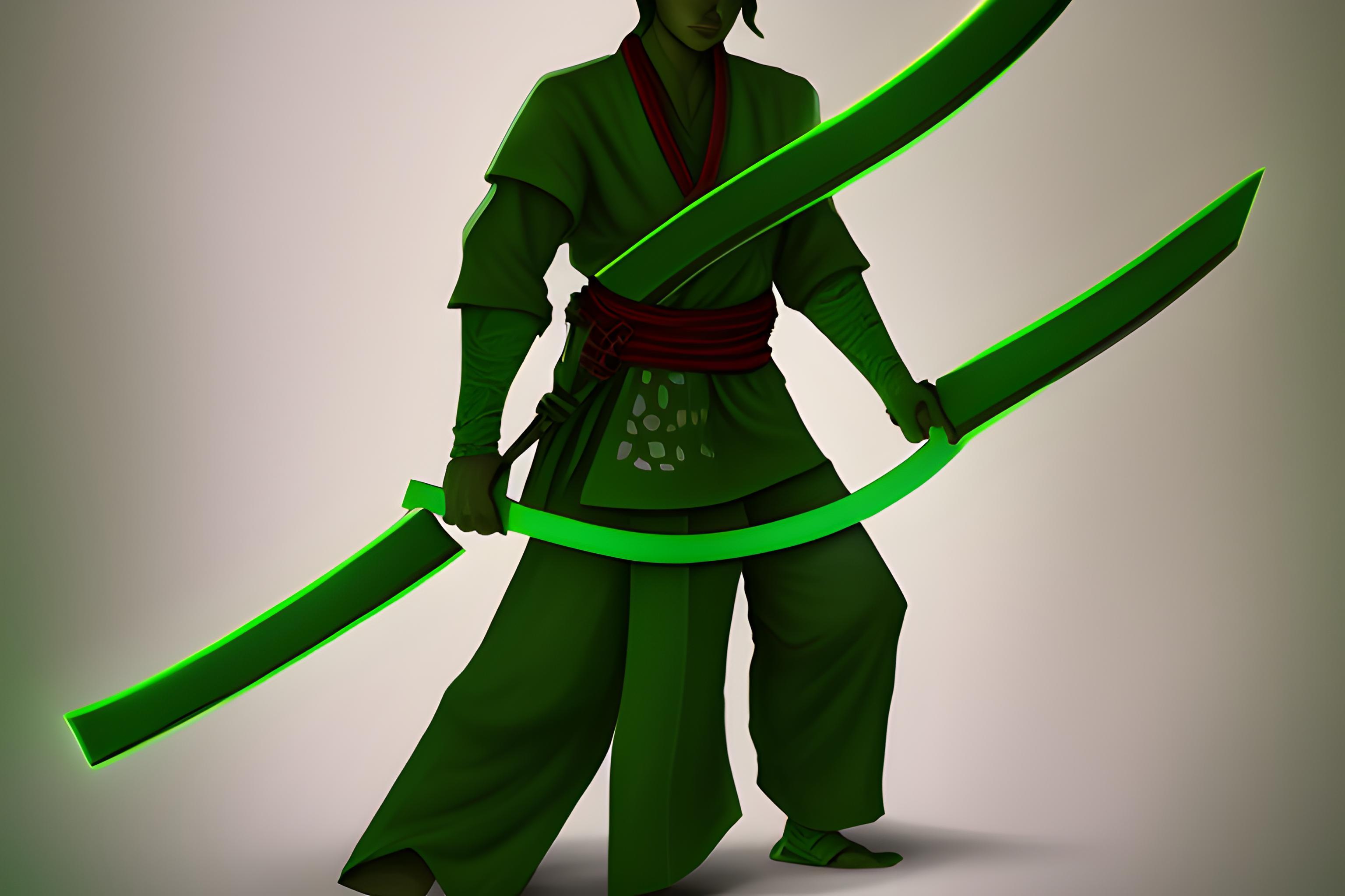 Green Samurai Holding Katanas That Glow Wallpaper Ai