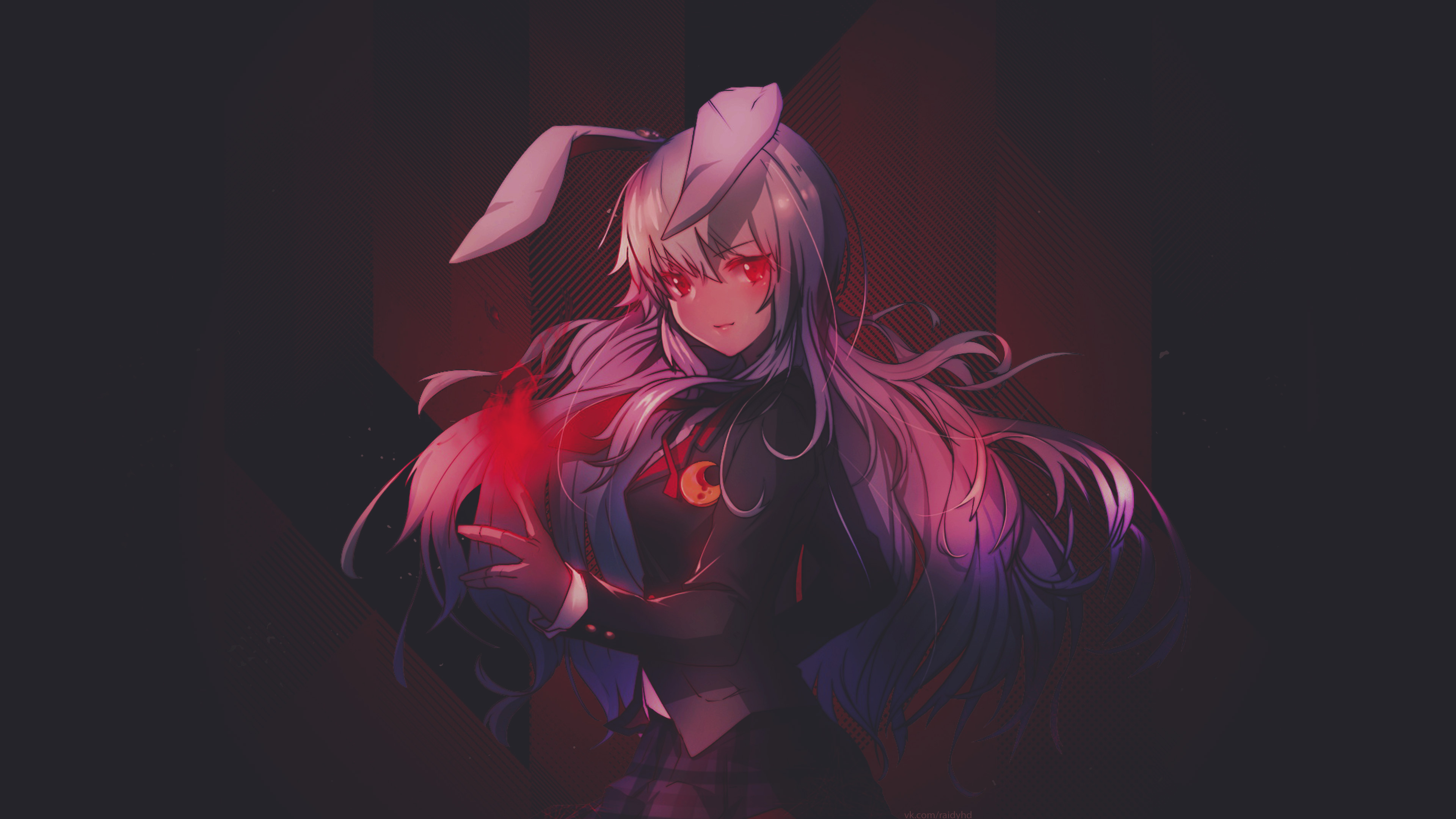 4K anime wallpaper featuring a female character with long, flowing hair, bunny ears, and glowing red eyes, holding a glowing red orb in her hand against a dark, abstract background
