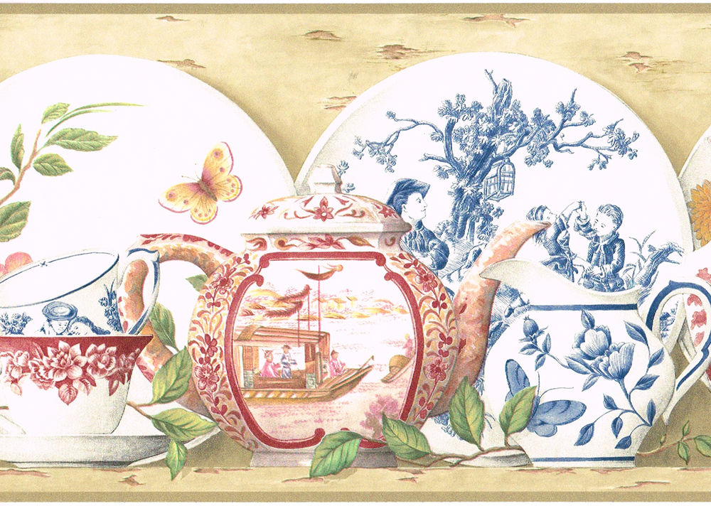Teapot Tea Cup Plate China Vase Floral French Toile Wall Paper Border