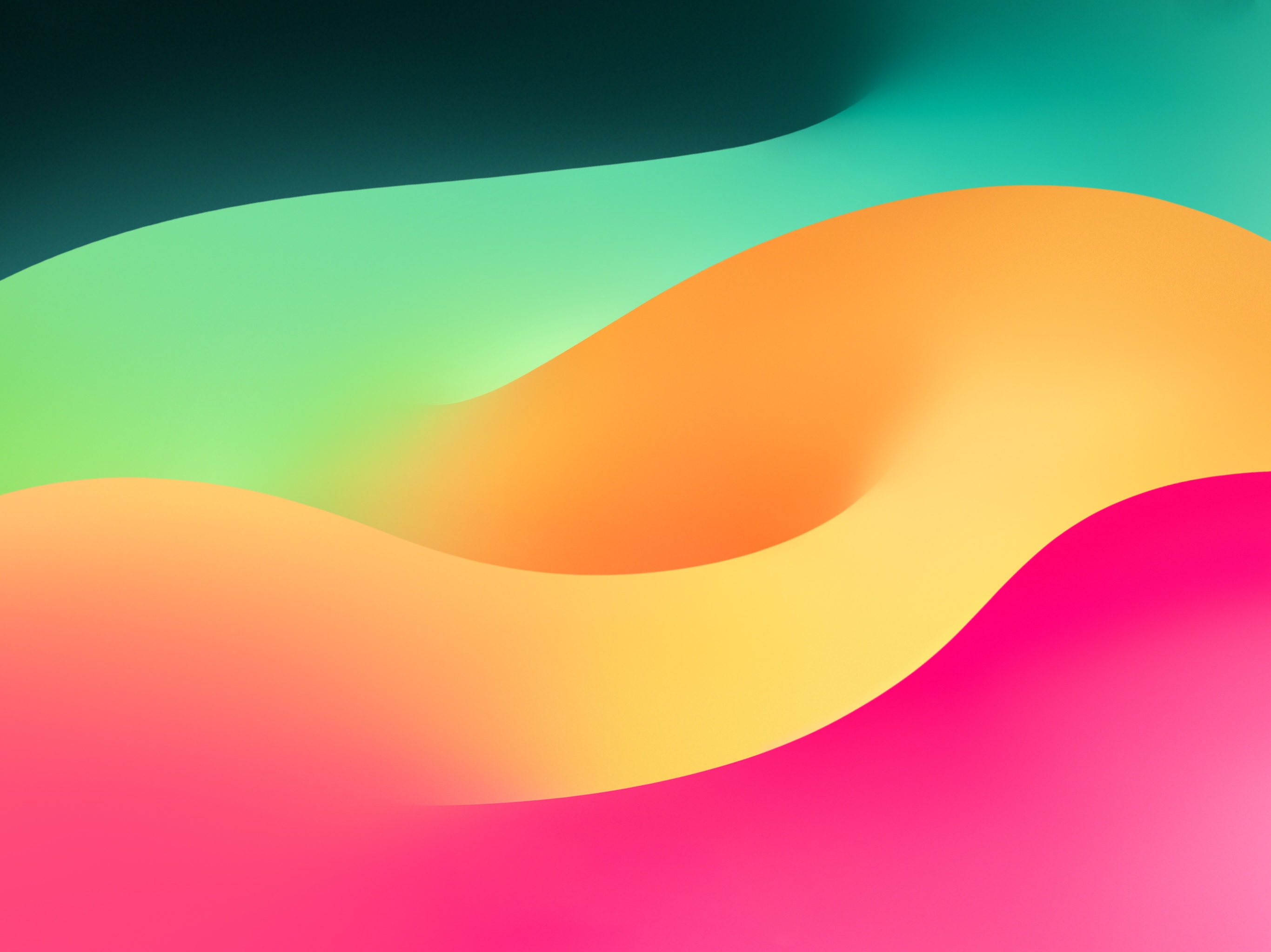 Abstract vibrant gradient waves background in pink, orange, green, and teal, perfect for an iPad 4k wallpaper