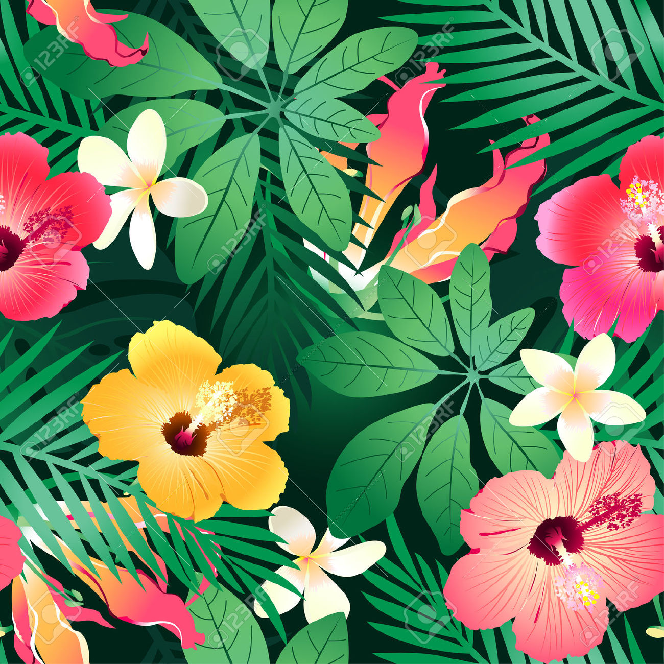 Lush Tropical Flowers Seamless Pattern On A Green