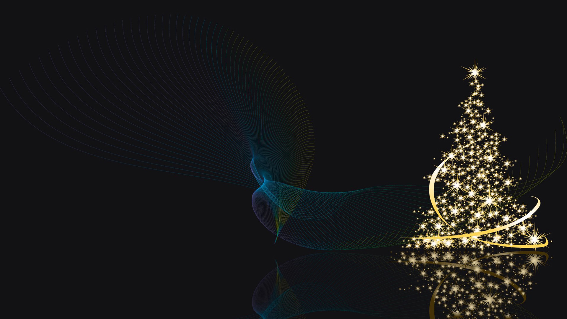 A sparkling gold Christmas tree on a dark background with flowing lines, perfect for a festive holiday wallpaper