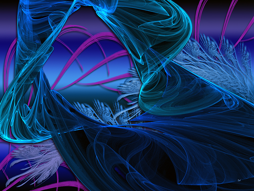 Abstract desktop wallpaper with swirling blue and purple forms, evoking a sense of dynamic energy and ethereal beauty