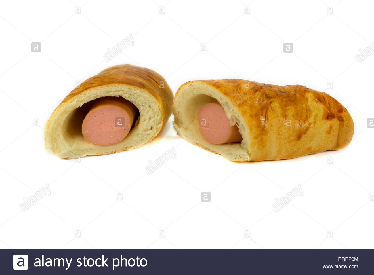 Sausage Roll Cut In Half Isolated On A White Background Stock