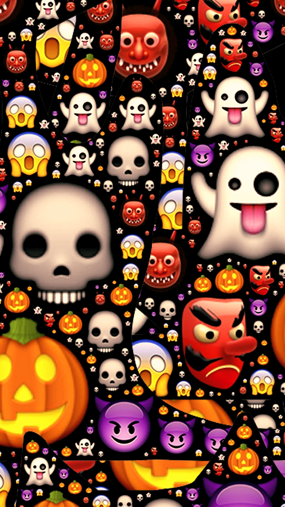 A Halloween-themed wallpaper featuring a collage of emojis such as ghosts, pumpkins, skulls, and devils