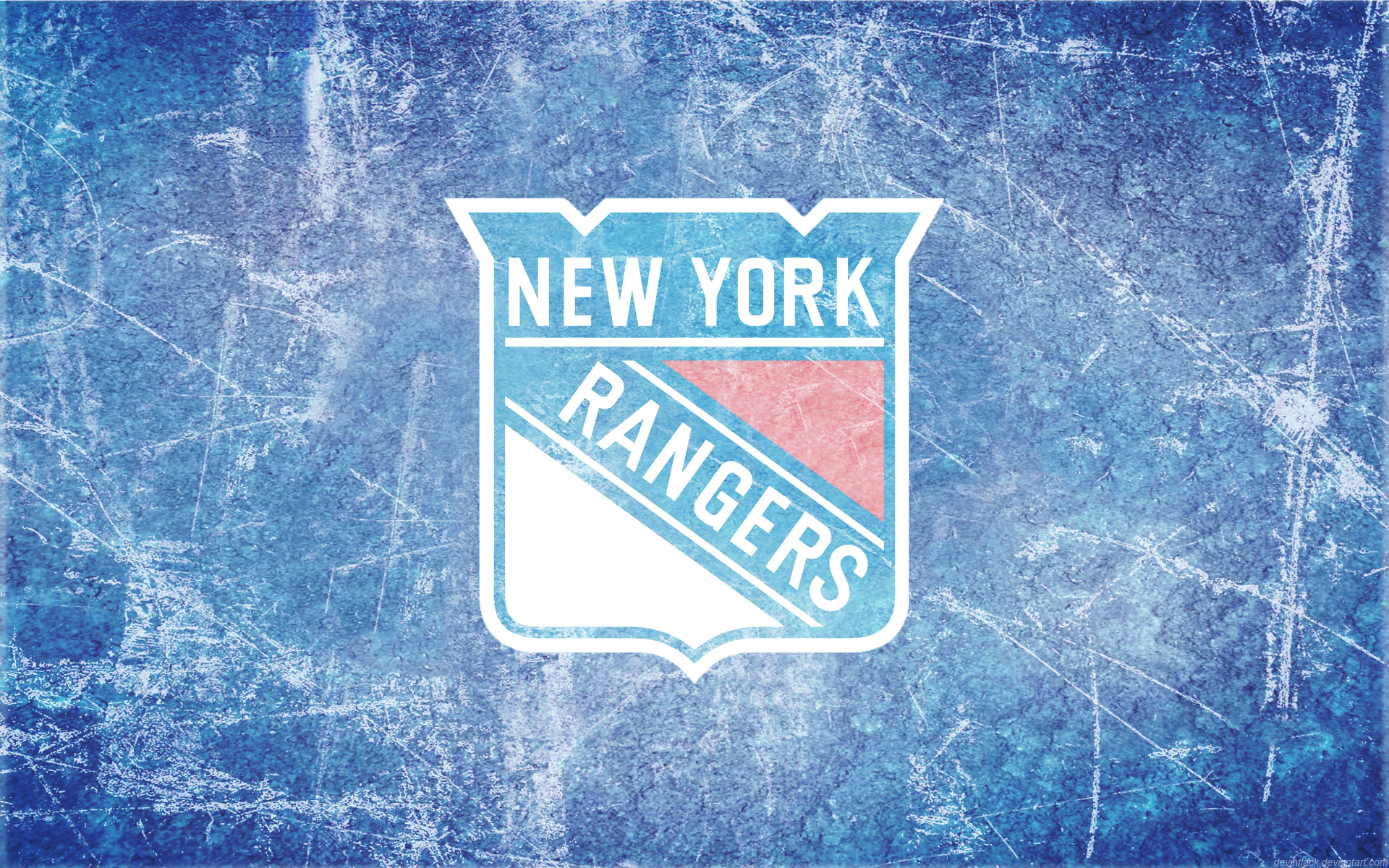 New York Rangers logo on an ice-like background