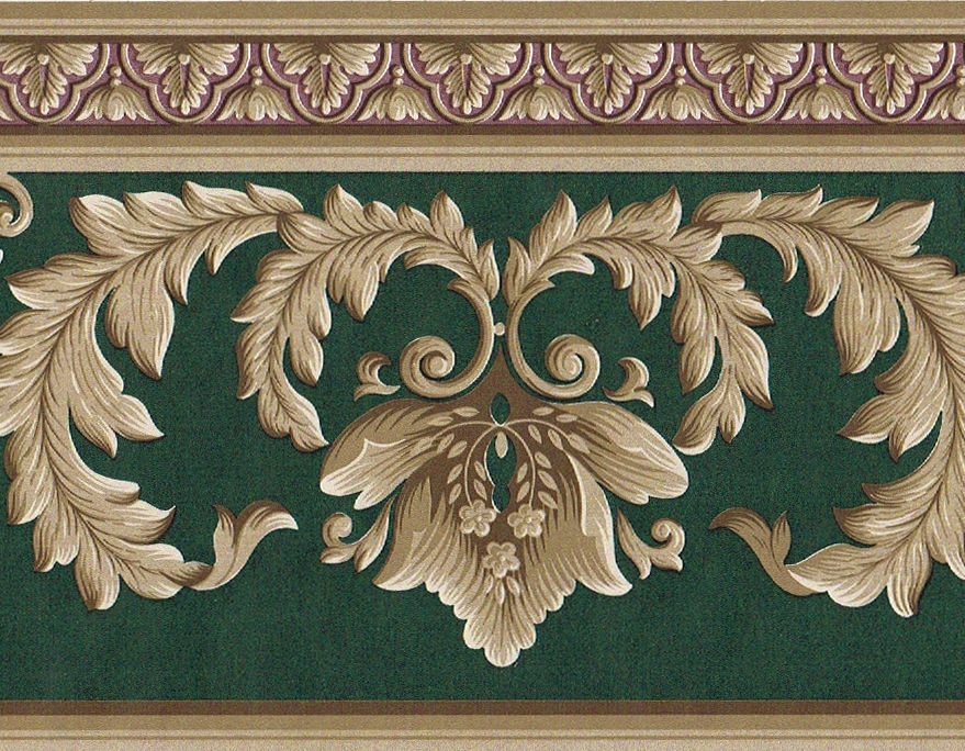 Victorian Green Burgundy Golden Brown Acanthus Leaf Scroll Wall paper