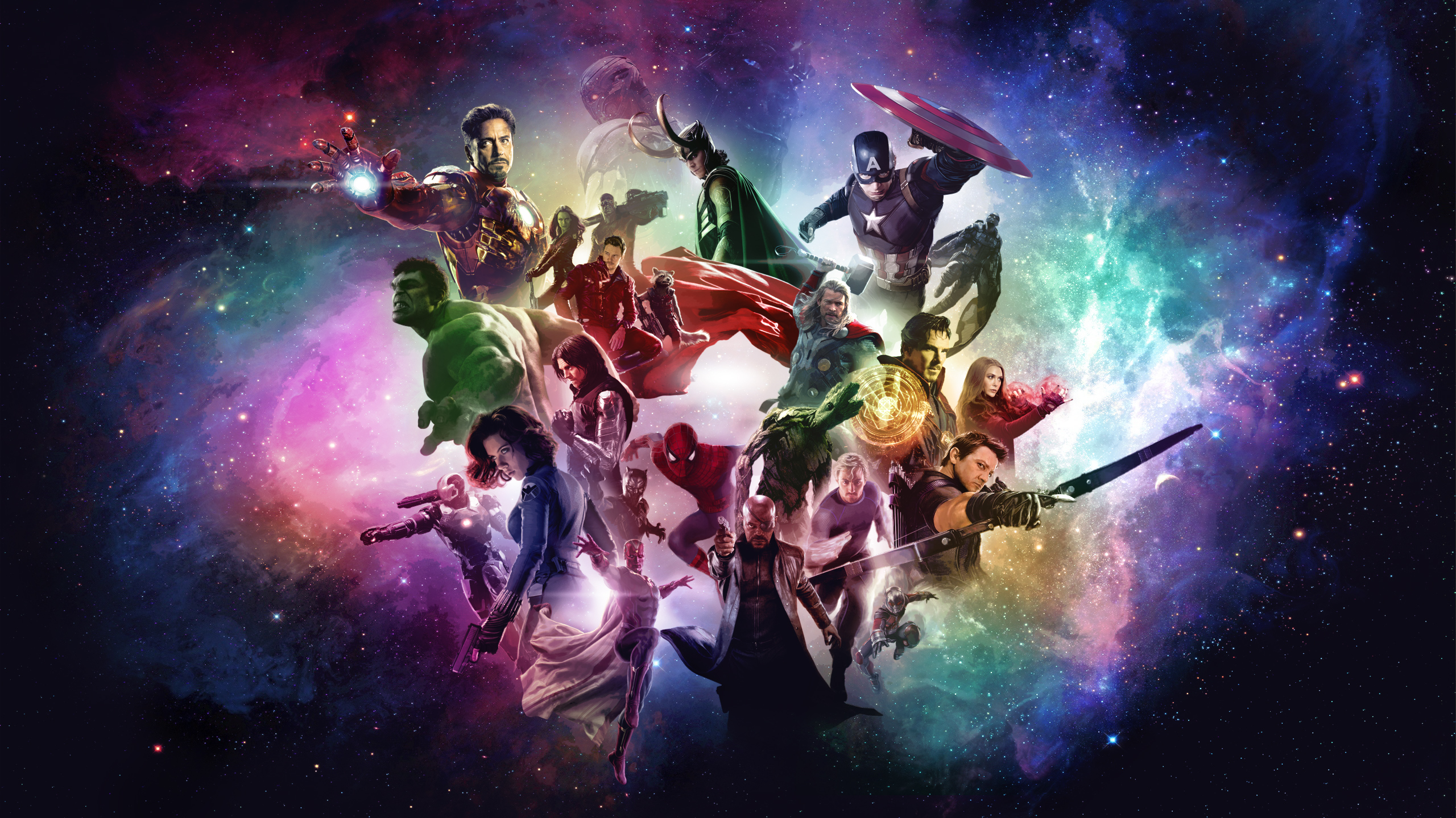 A stunning wallpaper featuring a cosmic backdrop with a vibrant array of Marvel superheroes assembled. Recognizable characters such as Iron Man, Captain America, Thor, Hulk, Black Widow, Hawkeye, Spider-Man, Doctor Strange, and many more are dynamically posed, creating an epic and action-packed scene
