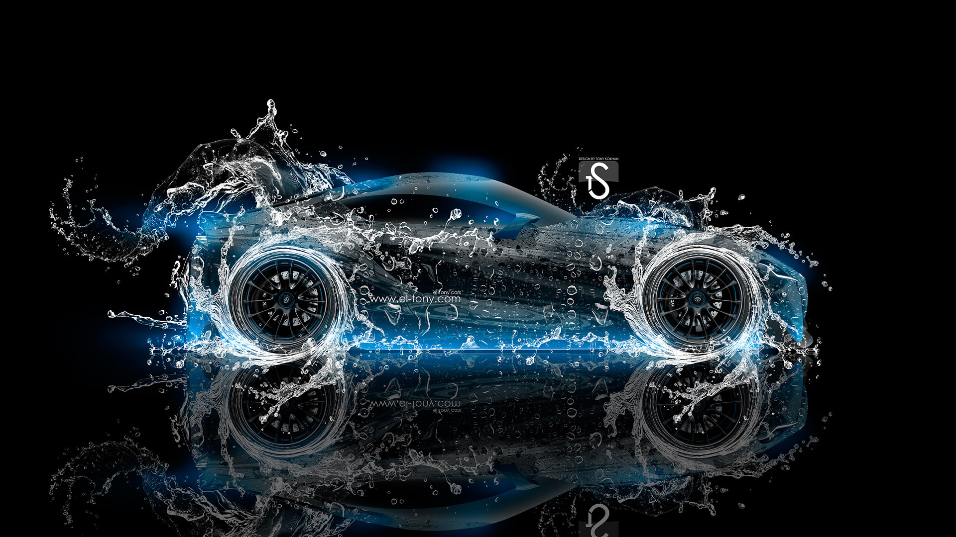 A neon blue sports car with water splashes, creating a vibrant and dynamic effect against a black background
