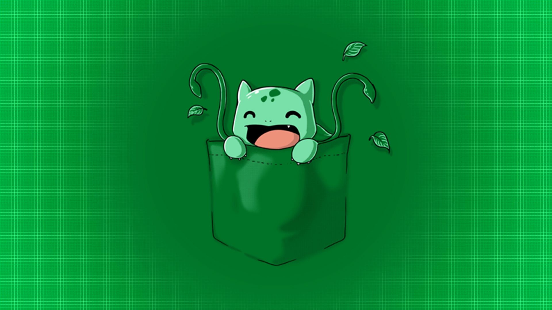 A cute, green Bulbasaur peeks out from a pocket, blending seamlessly with the green background. This playful image captures the charm of the popular Grass-type Pokémon