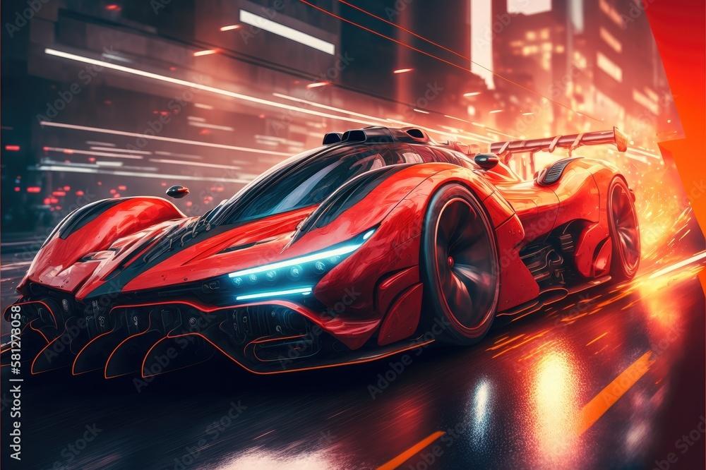 Red Futuristic Sports Car Racing On Track Hypercar Rushes Through