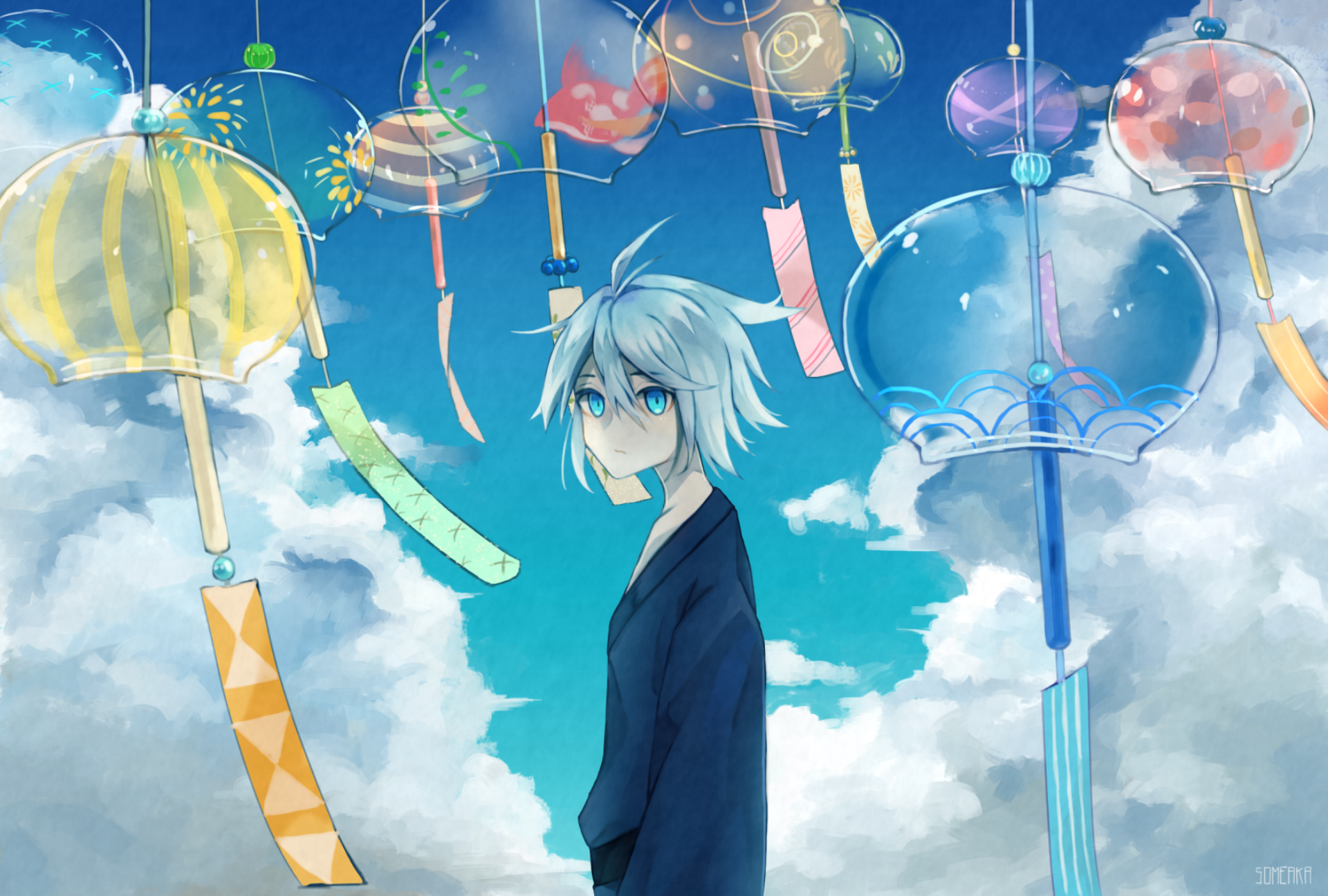 White Hair Blue Eyes Kimono Wind Chime Boy Wallpaper