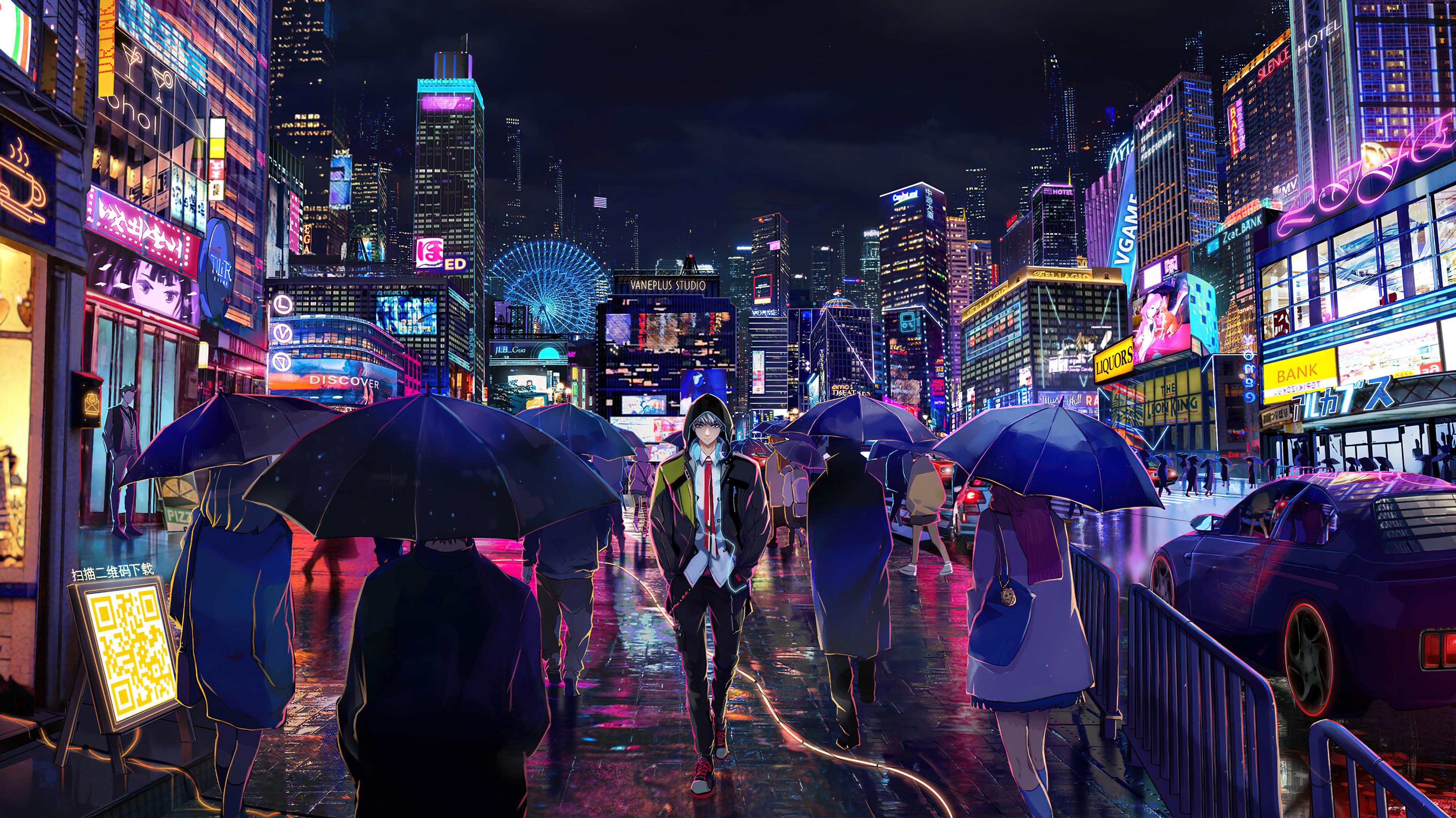 Night City Anime Boy Walking Wallpaper iPhone Phone 4k 1280f
