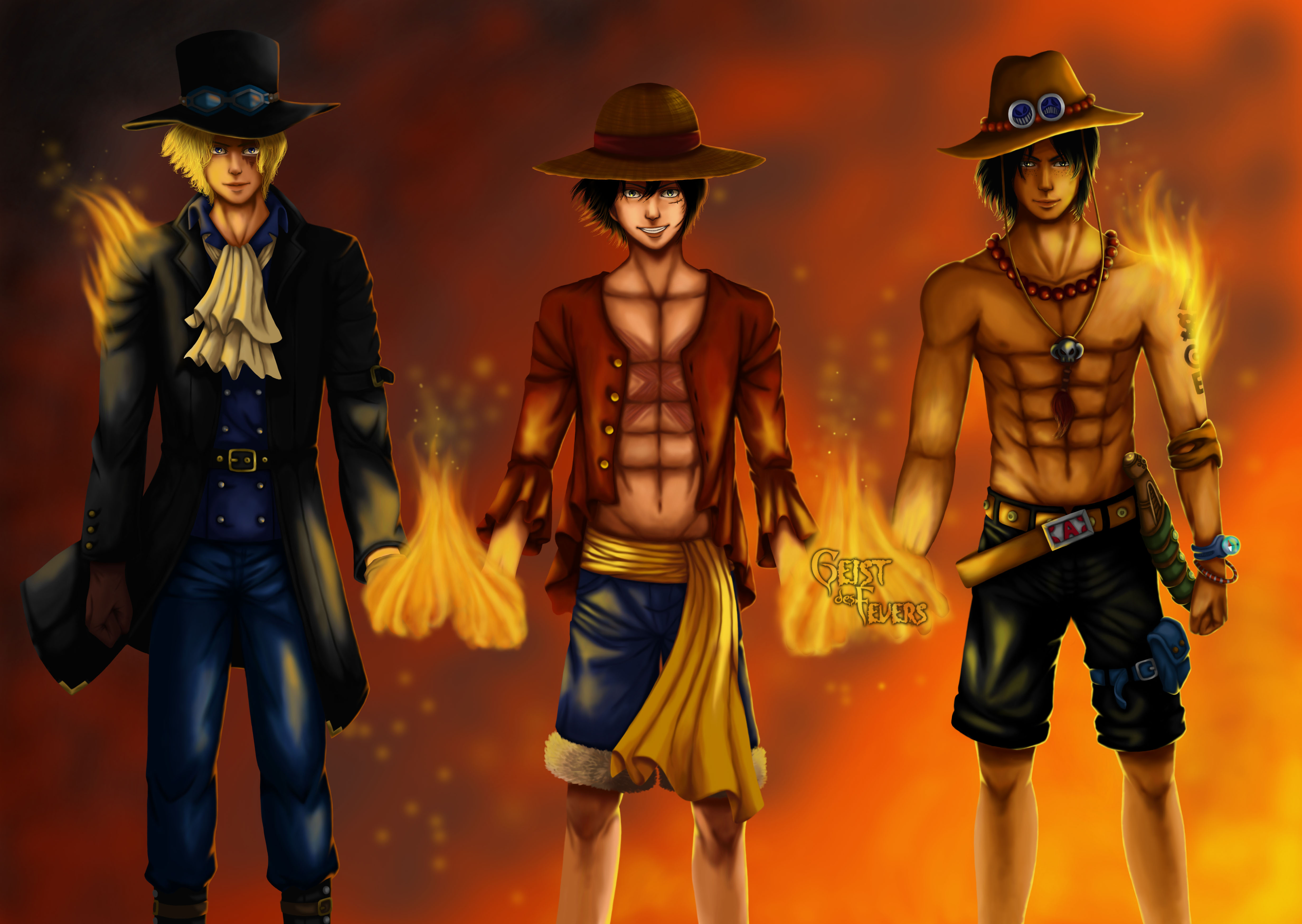 Three One Piece characters, Sabo, Luffy, and Ace, stand together with flames in their hands against a fiery backdrop