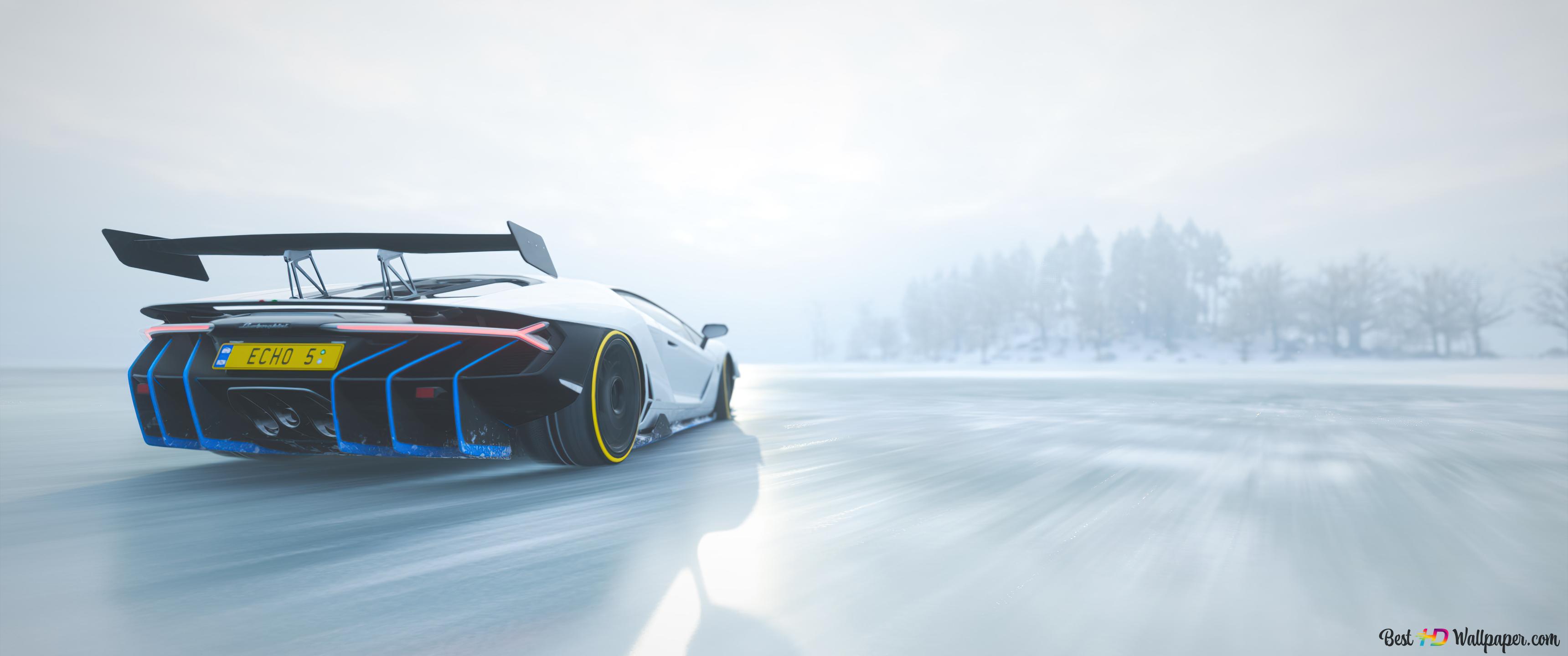 Sports Car On Foggy Snowy Road In Forza Horizon Video Game 4k Wallpaper