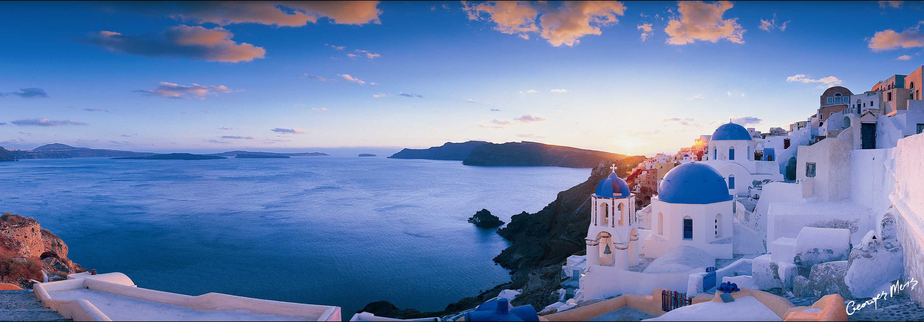 Santorini Greece Panorama Sea Ships Desktop Background