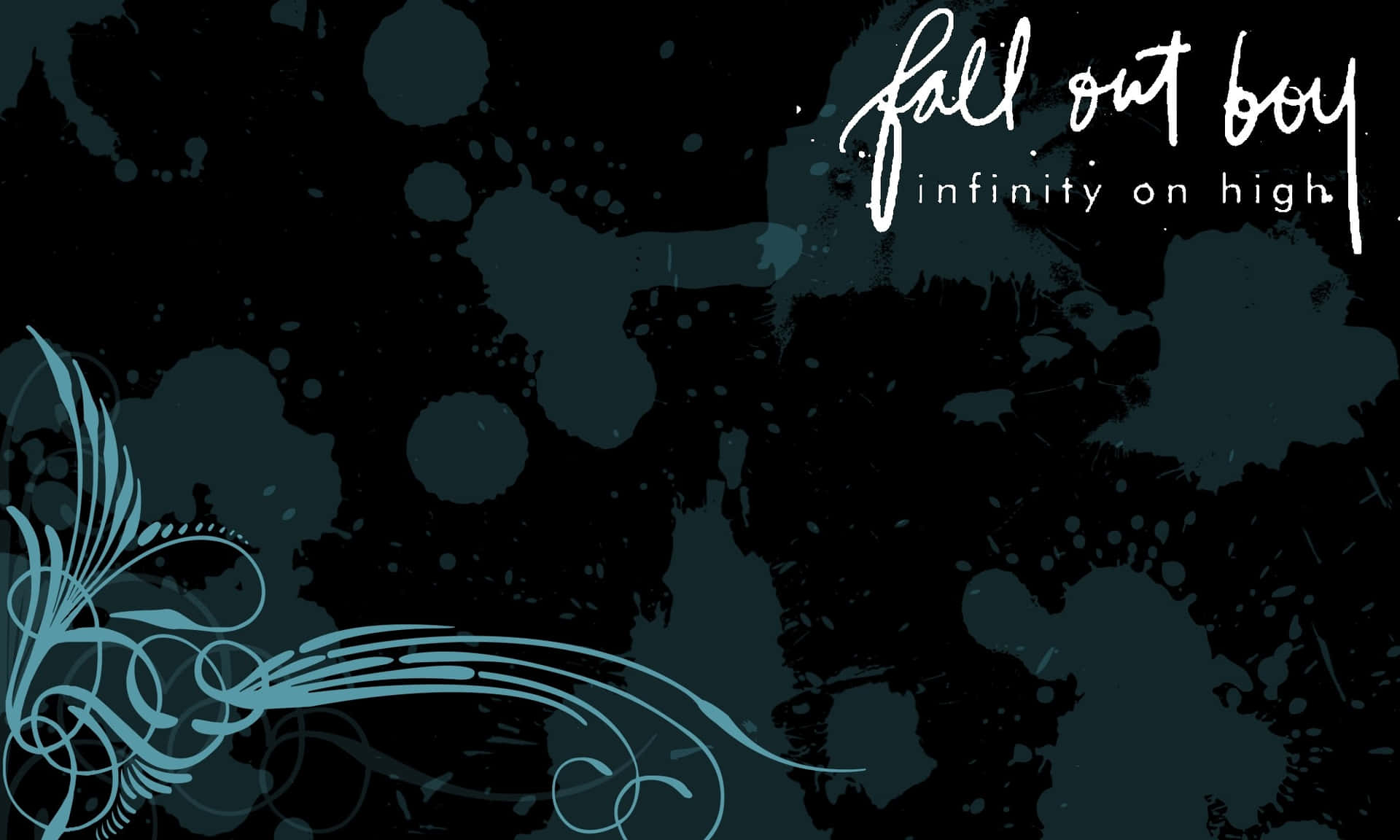 A stylized wallpaper featuring the band Fall Out Boy and their album 'Infinity on High', with a dark background, artistic splatters, and elegant swirls