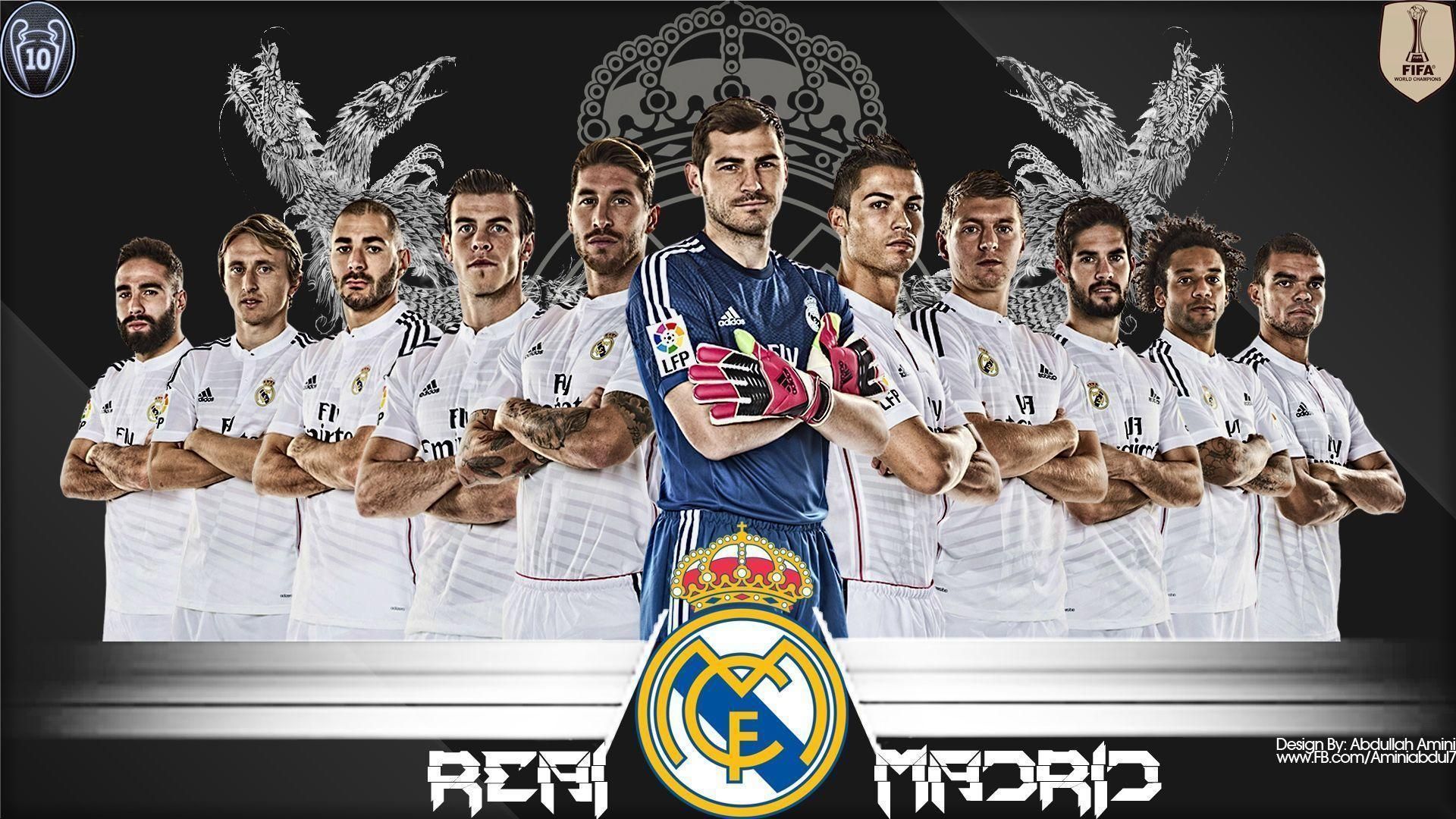 Real Madrid Squad 4K Wallpaper: A panoramic view of the Real Madrid football team in their iconic white jerseys, poised for action against a dramatic backdrop