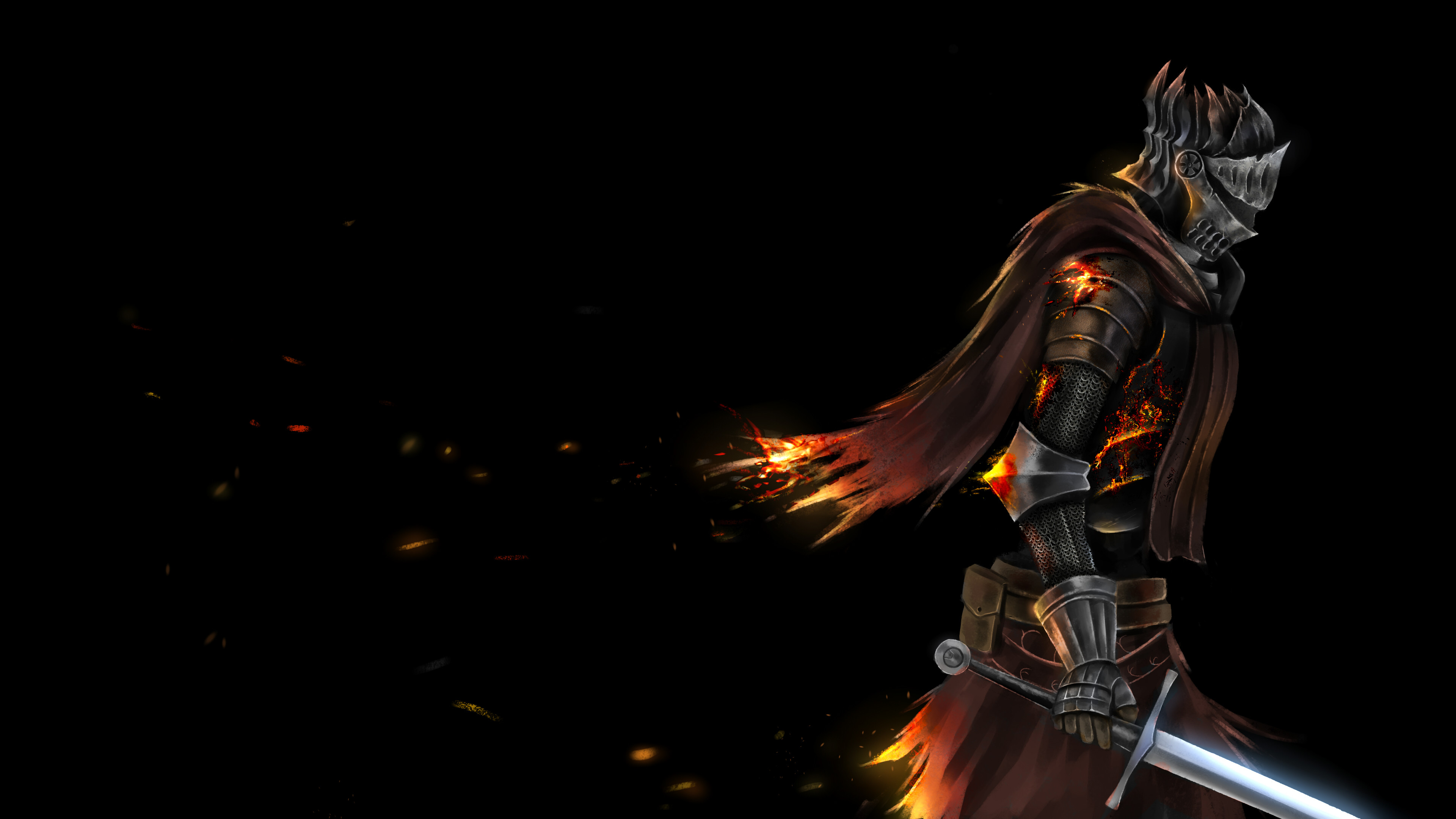 A knight in dark armor with a burning cape and embers floating around, against a black background. Dark Souls inspired