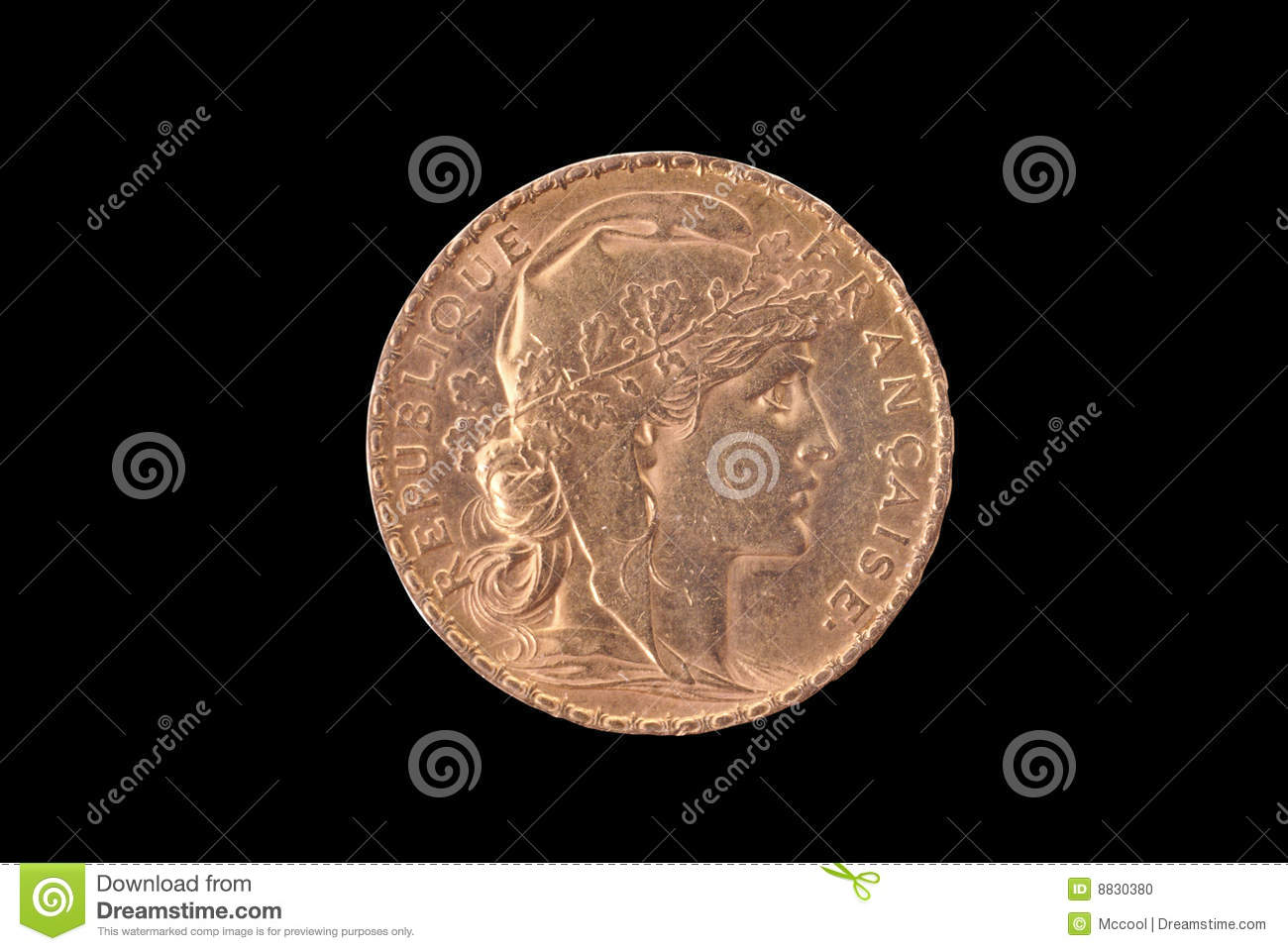 Ancient Gold Coin Oak Leaf Wreath Encircles Liberty Head Right