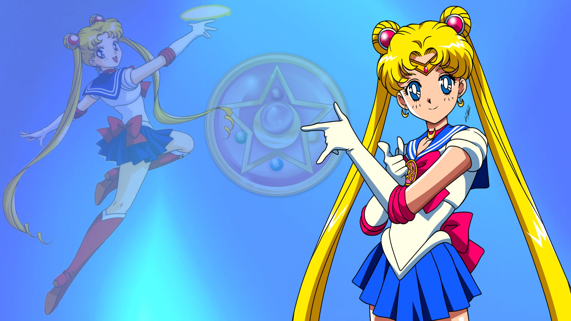 Sailor Moon in her iconic pose, with her blonde hair and sailor outfit. A magical star-shaped emblem floats behind her