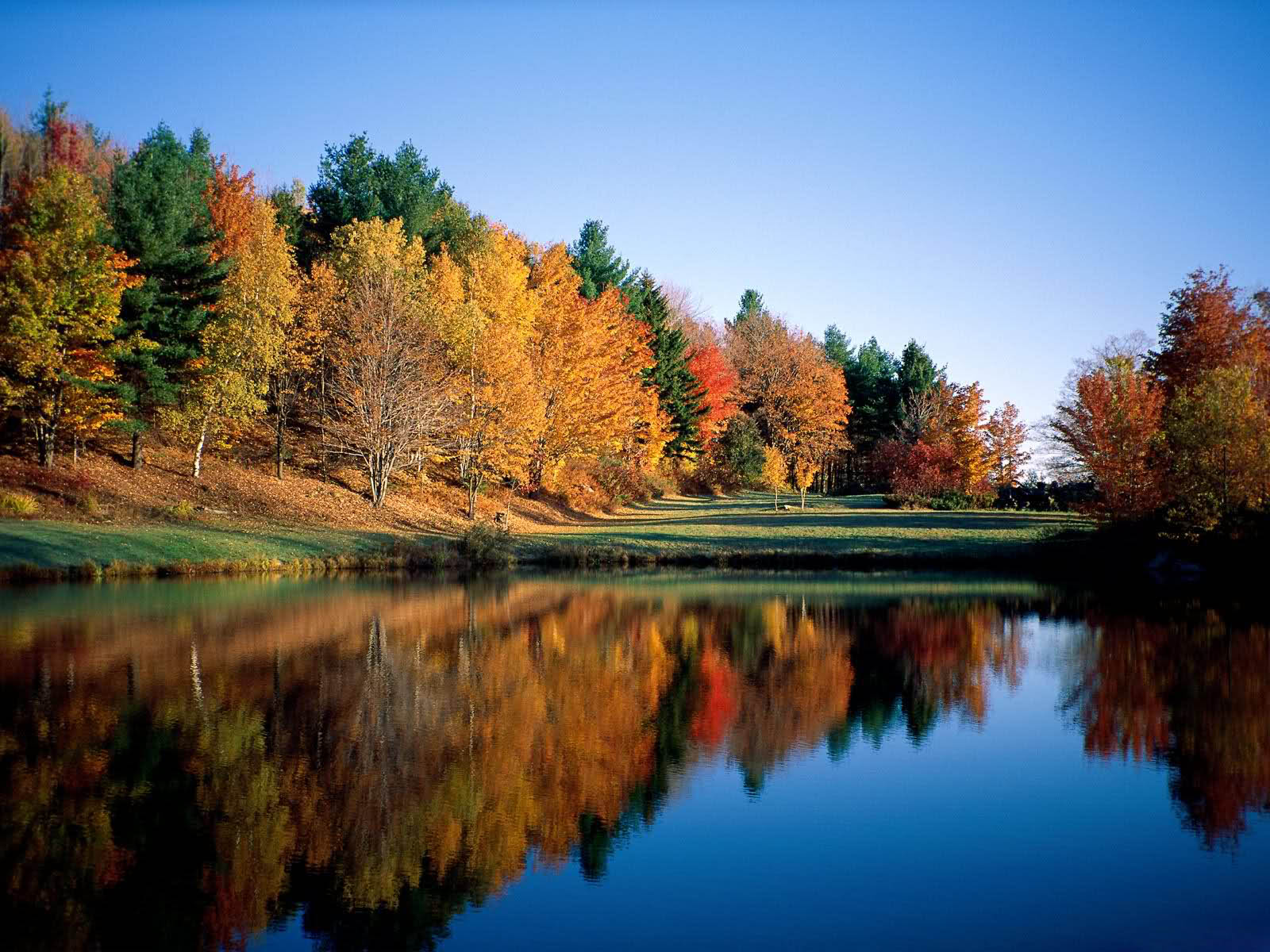 A tranquil autumn landscape with vibrant fall foliage reflected in a calm lake