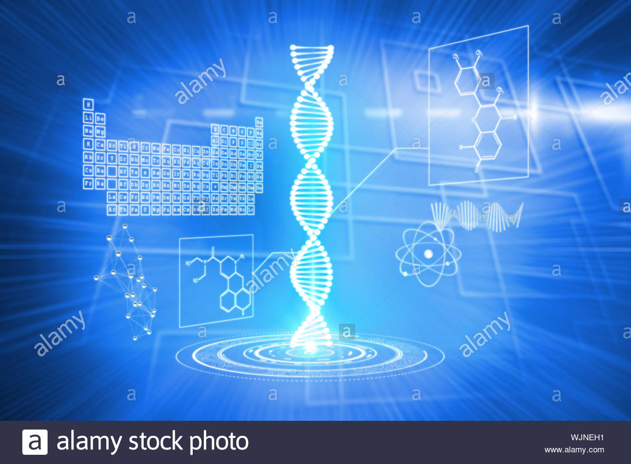 DNA helix interface against background with glowing squares Stock