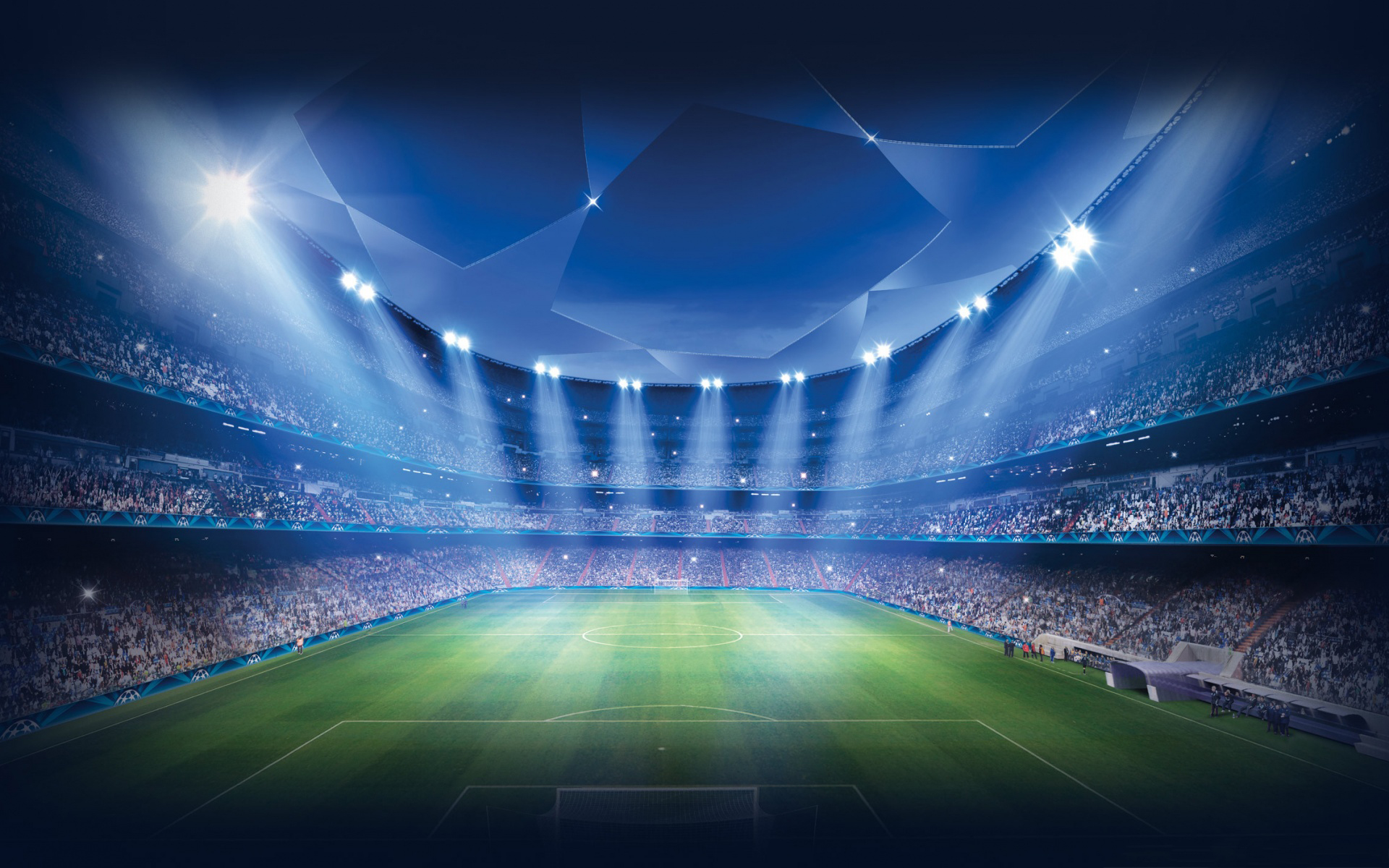 A vibrant football stadium under bright lights, packed with cheering fans, ready for a thrilling match