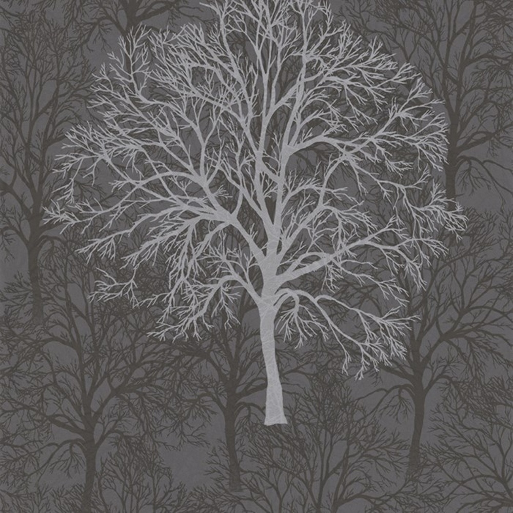  Brown Gothic Silver Black Tree Pattern Motif Metallic Wallpaper