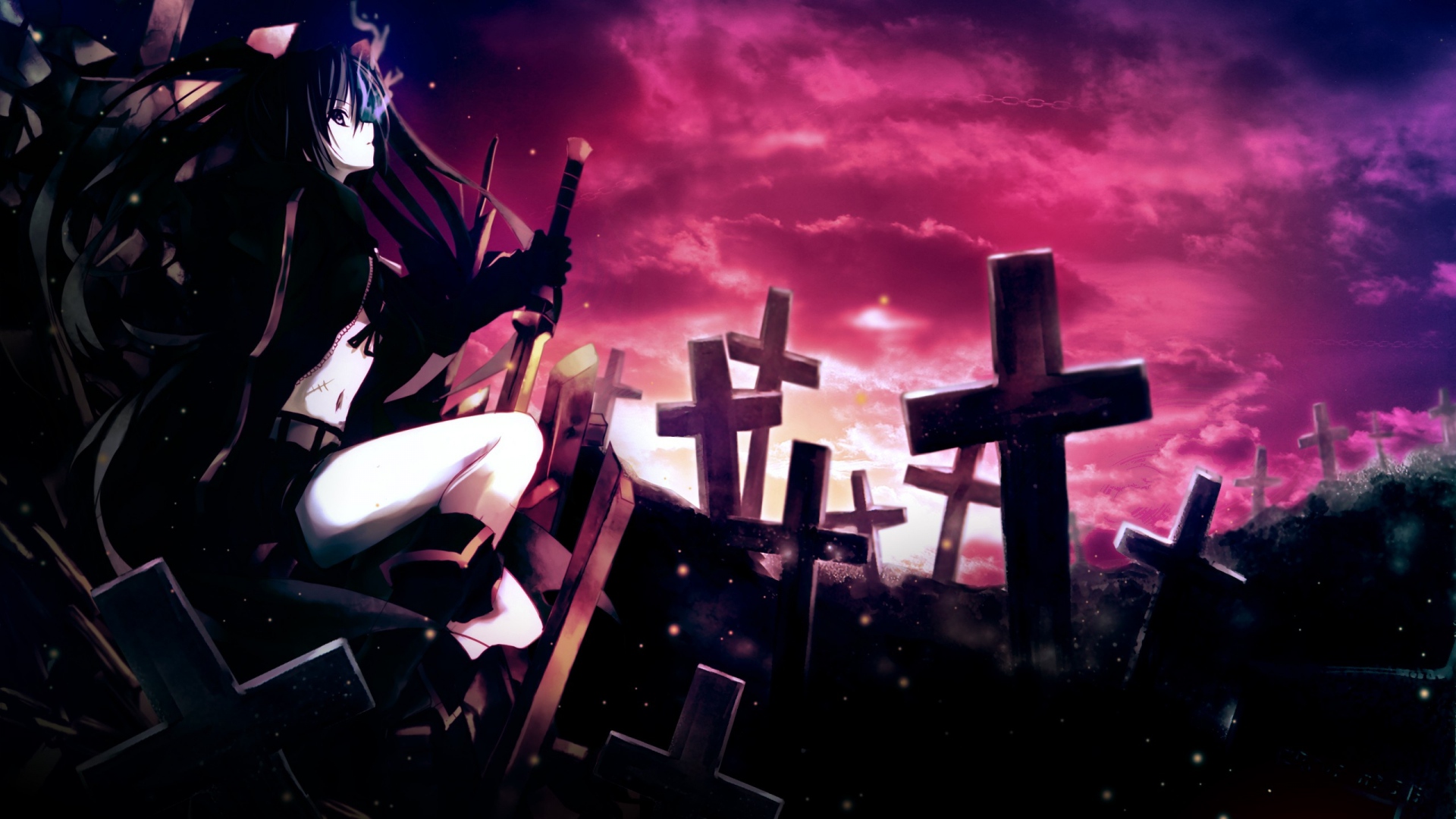 Anime Girl Thoughtful Sword Cemetery Darkness