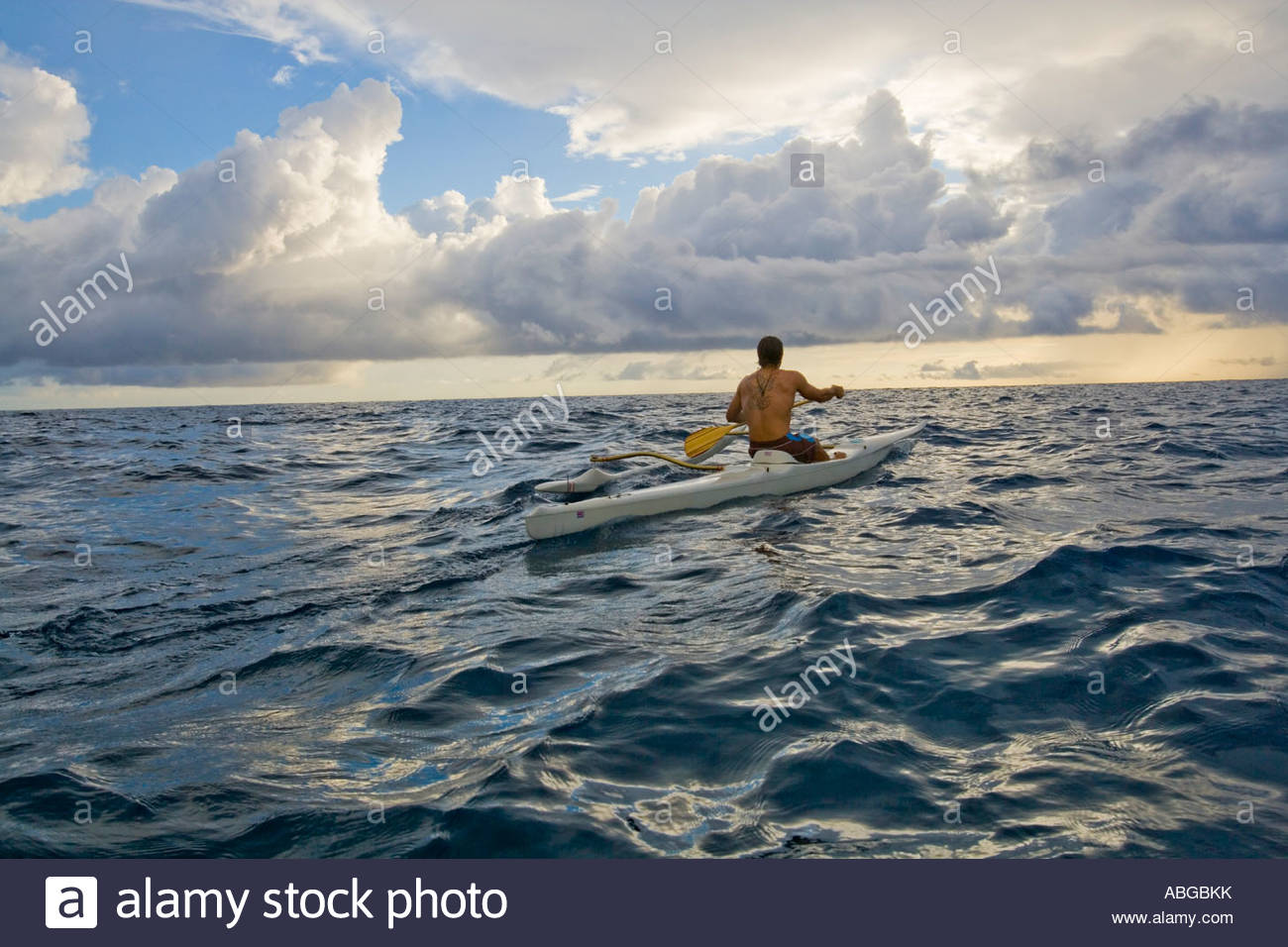 One Man Canoe Paddler Near Makapuu At Sunrise Manana Island In