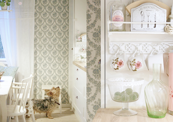 shabby chic dining area with vintage wallpaper