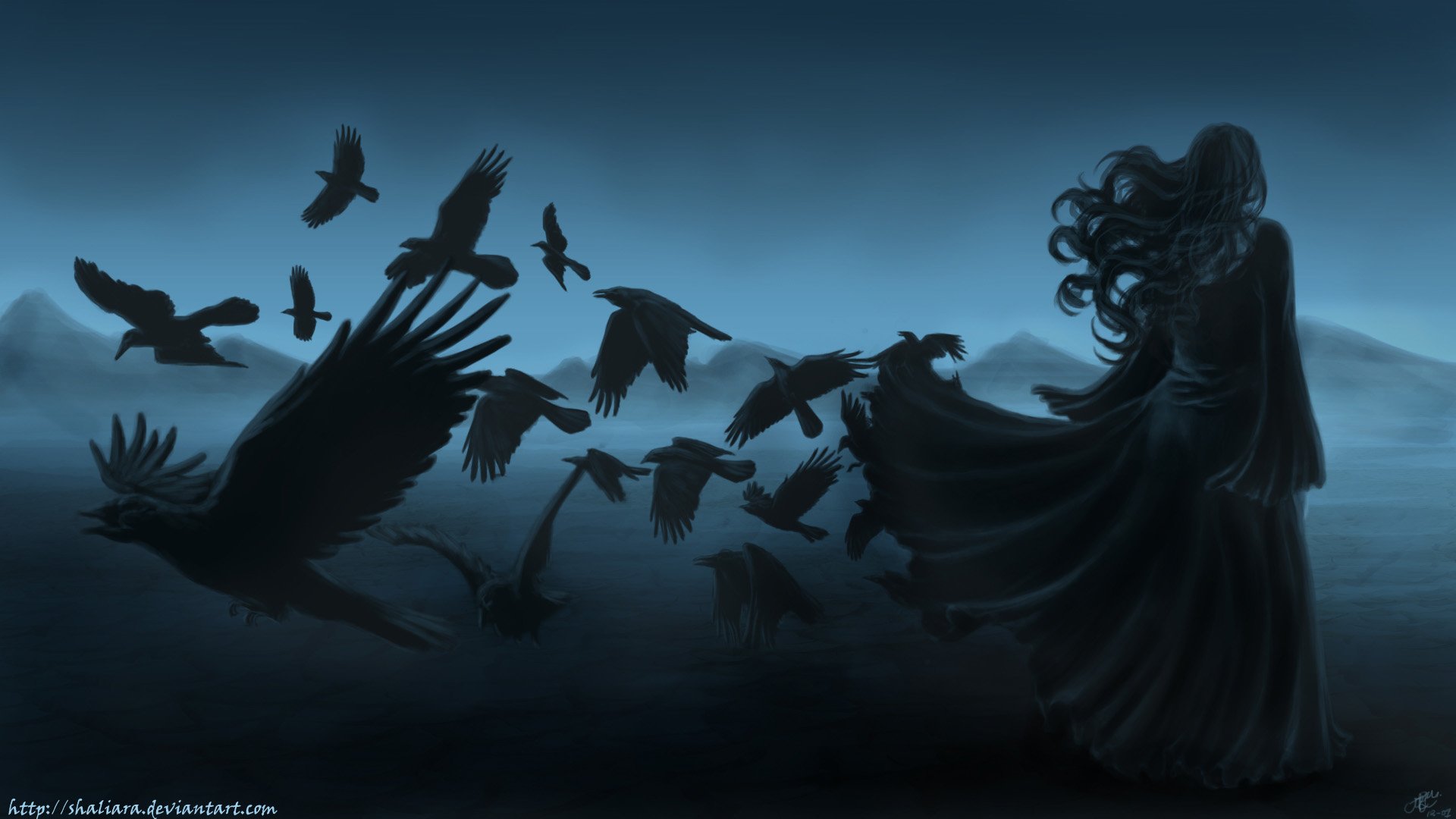 dark horror gothic women raven poe birds art mood wallpaper background 1920x1080
