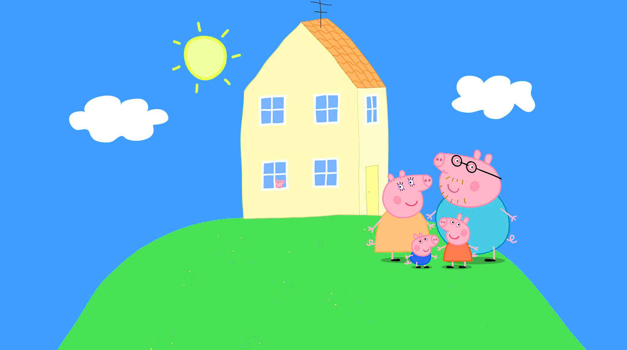Peppa Pig family standing in front of their house on a sunny day