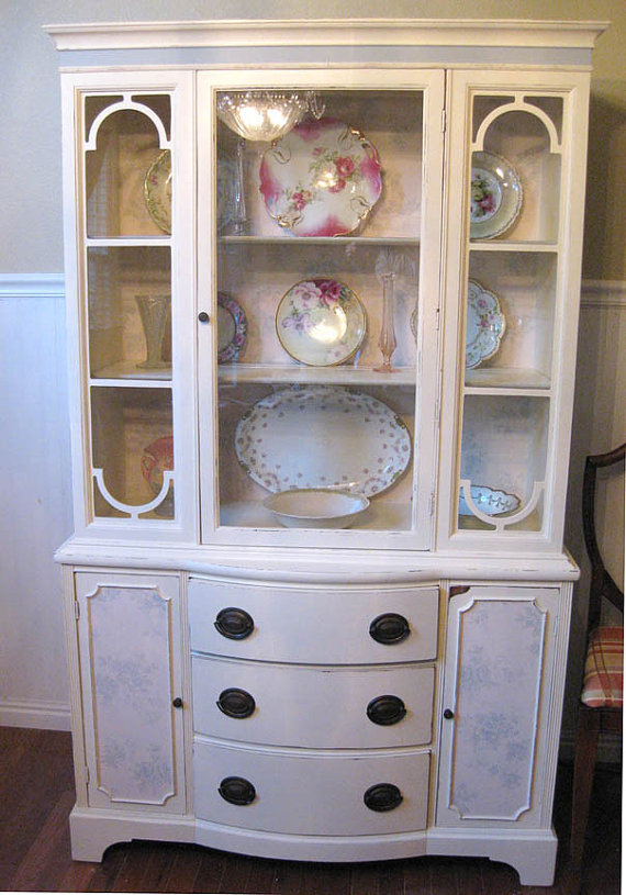 Antique China Cabi Hutch With Vintage Toile Wallpaper On