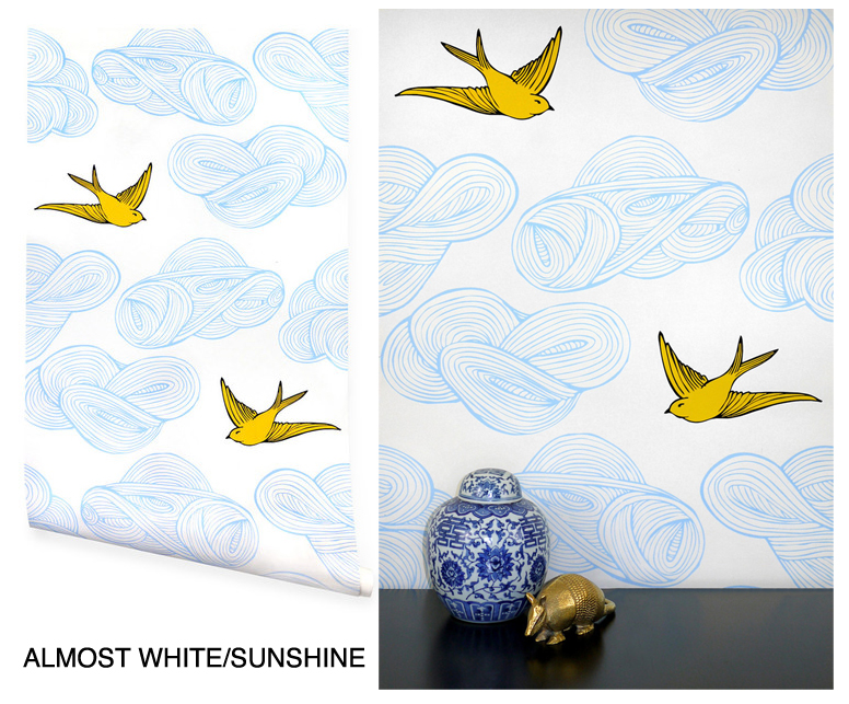  sweet bird and cloud patterned wallpaper is screen printed on coated
